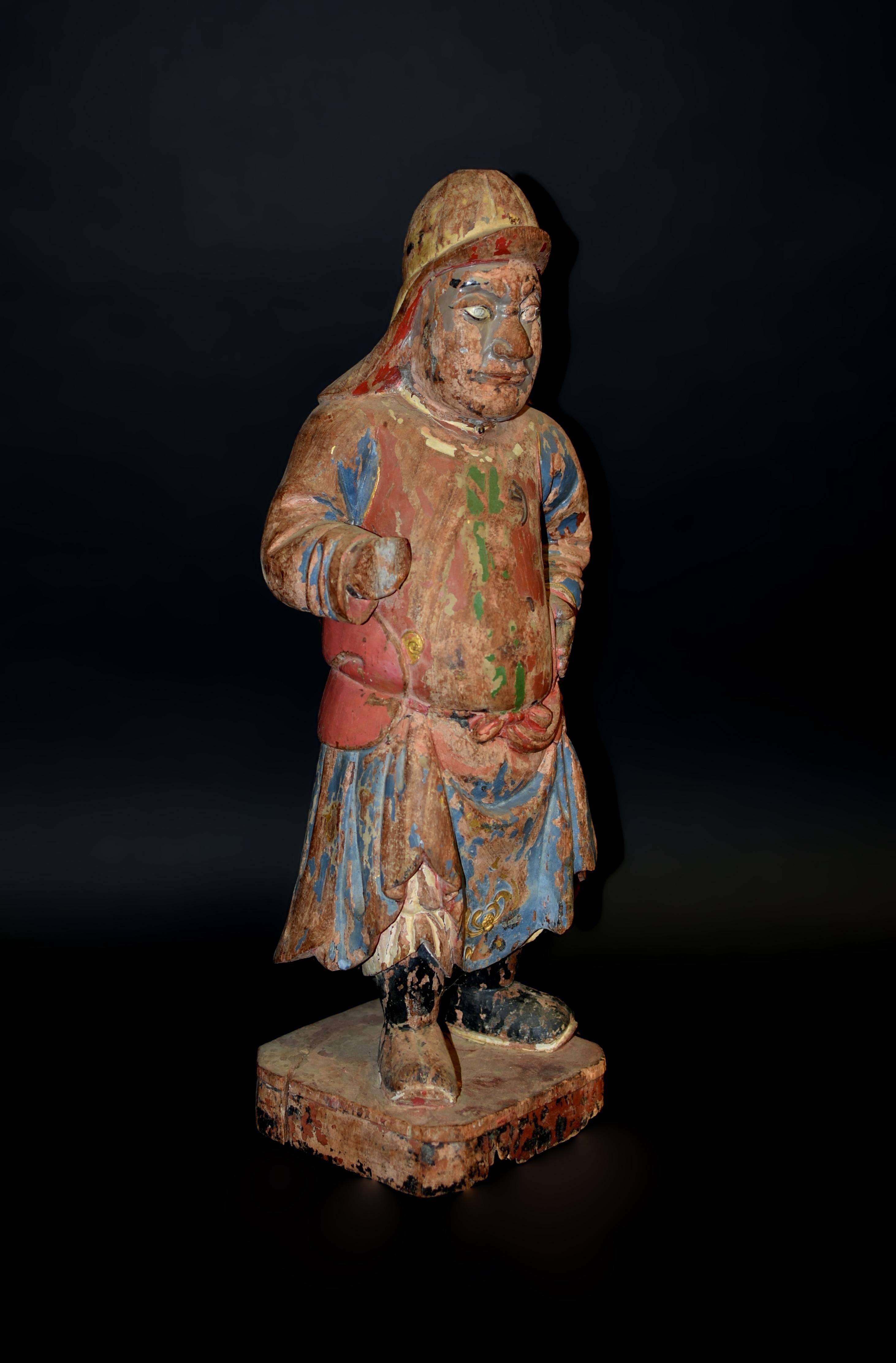Hand-Carved 18th Century Polychrome Wood Statue of A Mongo Warrior Guard Ming Dynasty For Sale