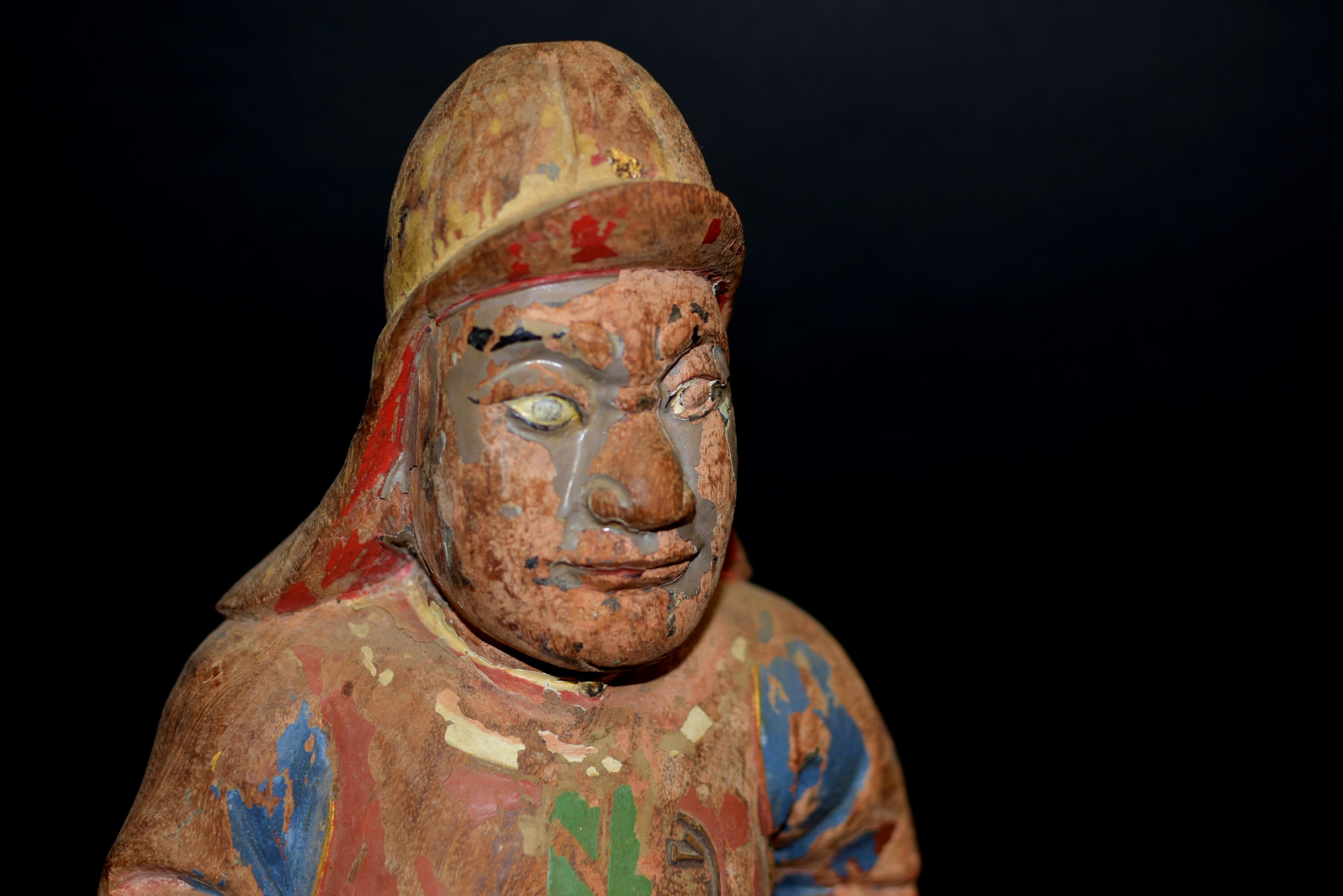 18th Century Polychrome Wood Statue of A Mongo Warrior Guard Ming Dynasty In Good Condition For Sale In Somis, CA
