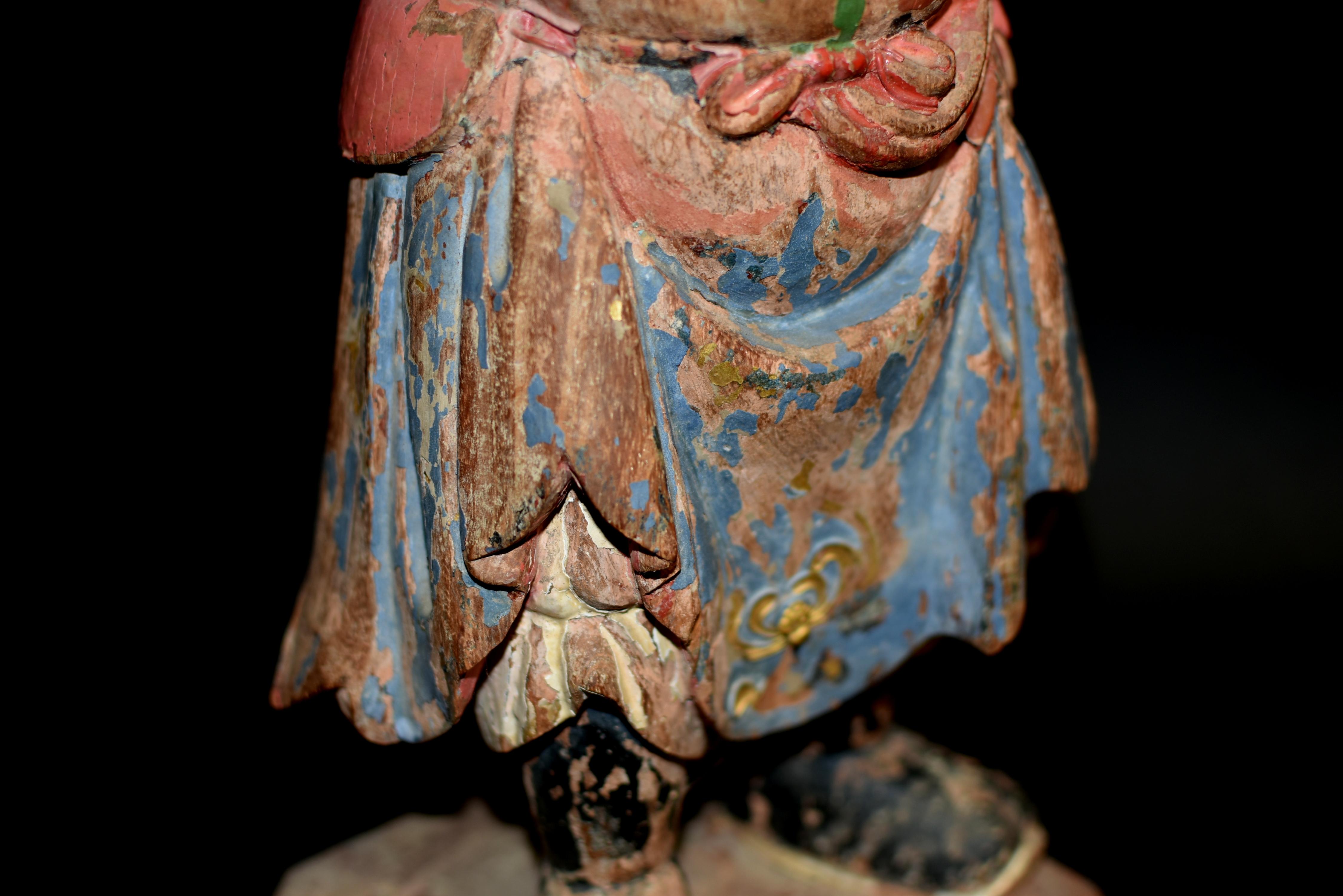 18th Century and Earlier 18th Century Polychrome Wood Statue of A Mongo Warrior Guard Ming Dynasty For Sale