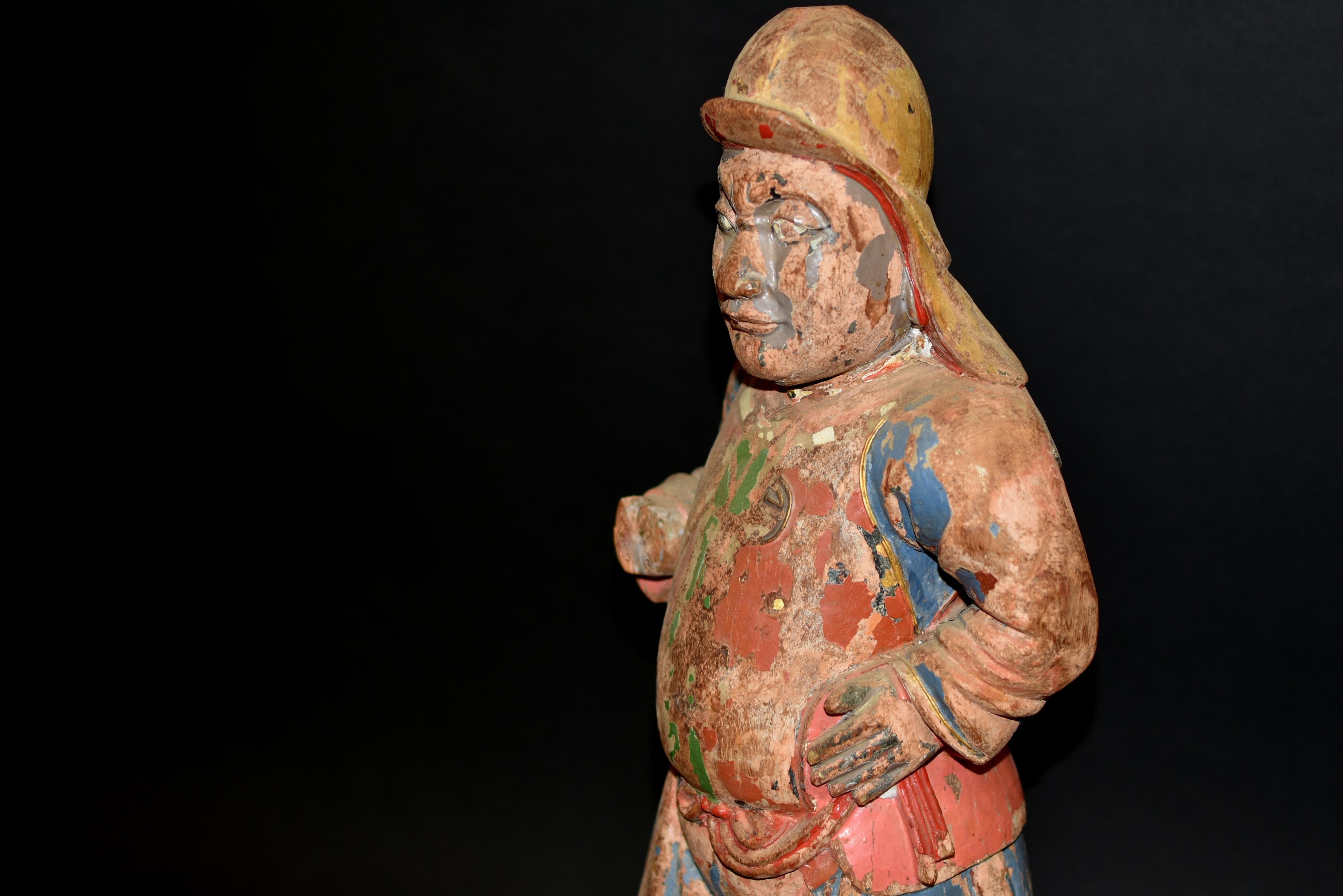 18th Century Polychrome Wood Statue of A Mongo Warrior Guard Ming Dynasty For Sale 1