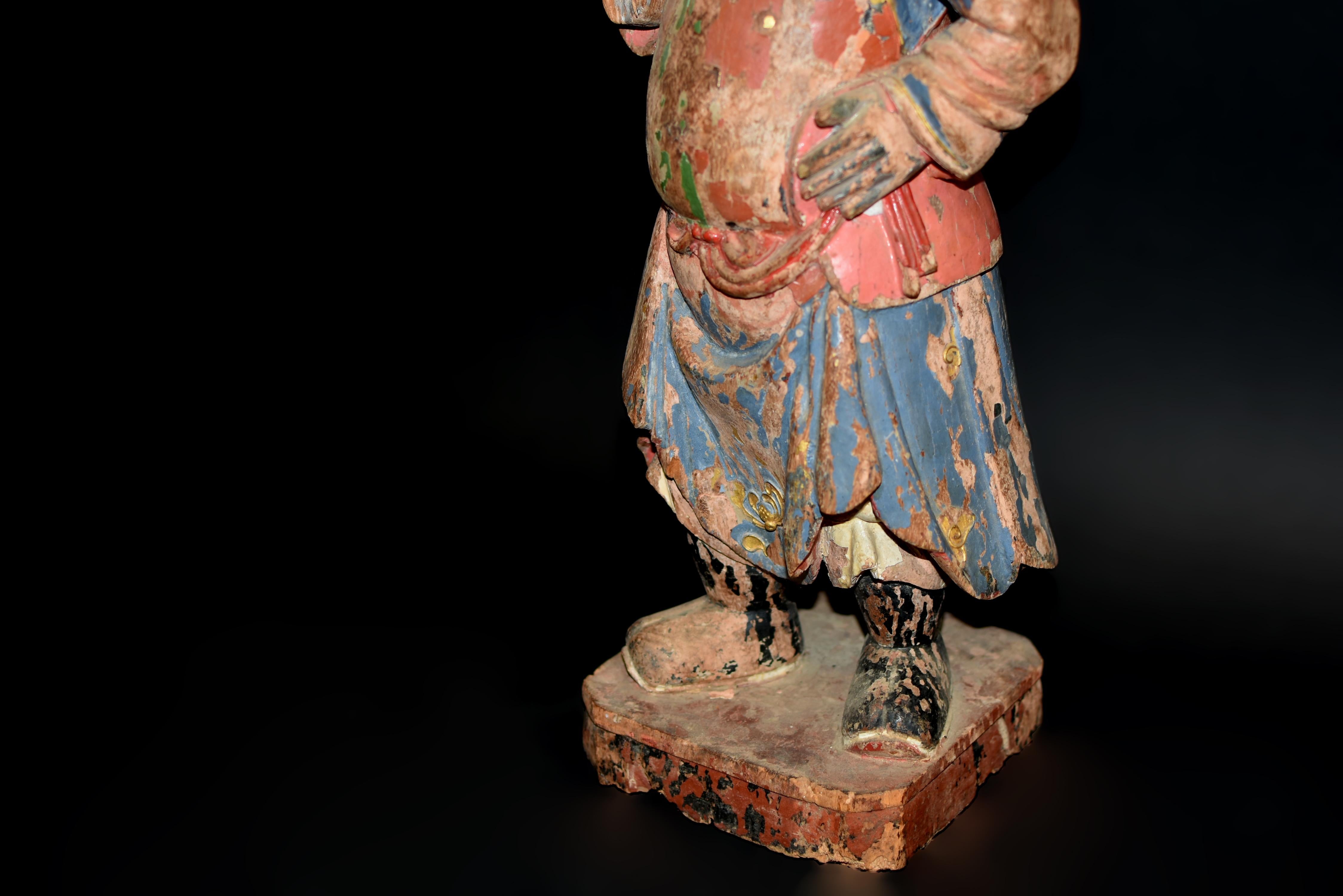 18th Century Polychrome Wood Statue of A Mongo Warrior Guard Ming Dynasty For Sale 2