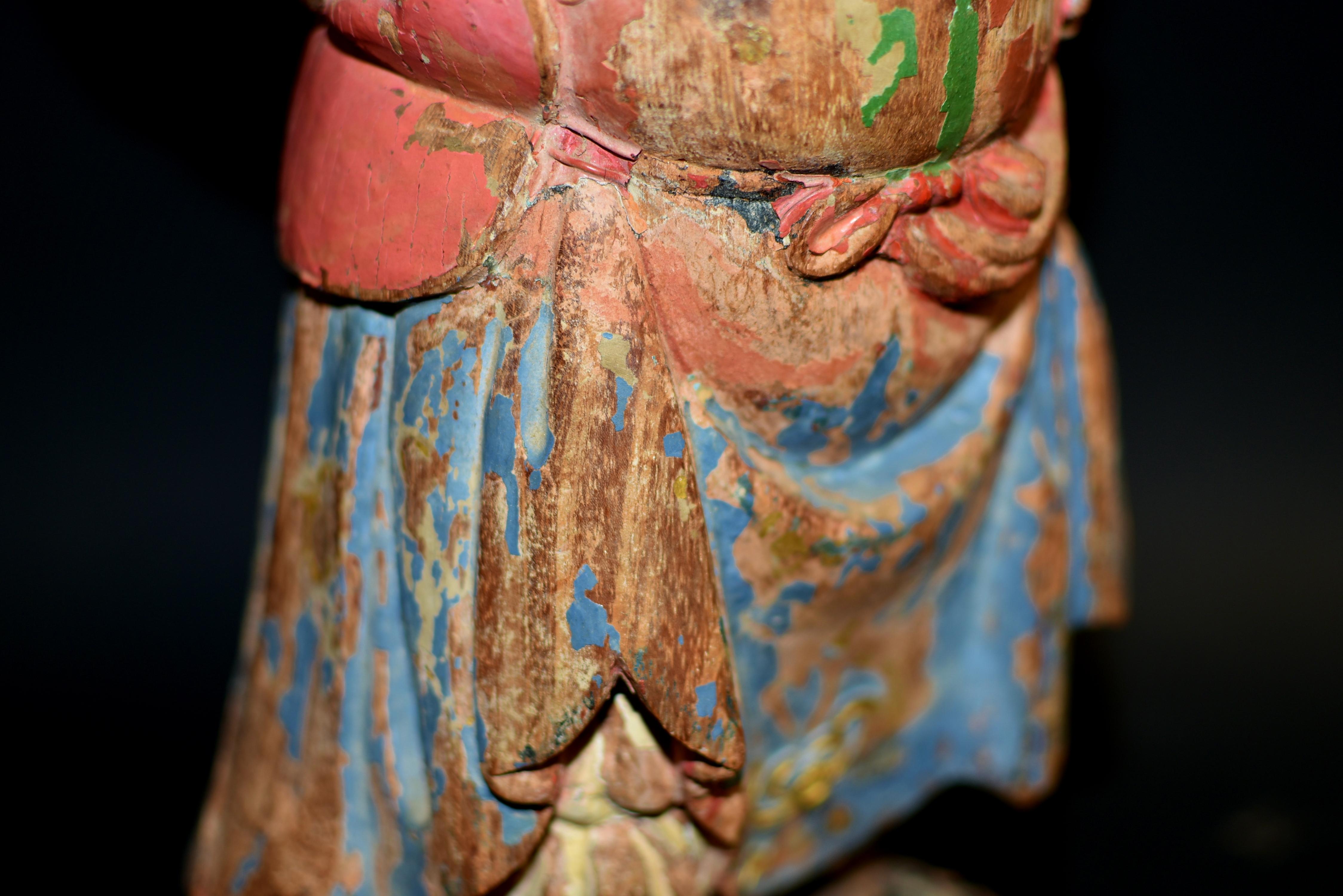 18th Century Polychrome Wood Statue of A Mongo Warrior Guard Ming Dynasty For Sale 3