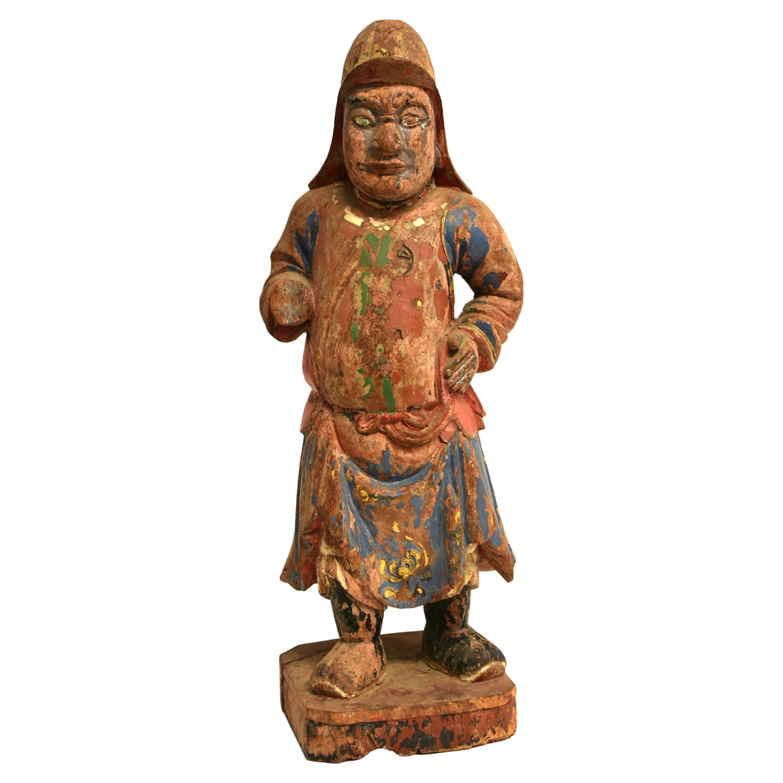 18th Century Polychrome Wood Statue of A Mongo Warrior Guard Ming Dynasty For Sale
