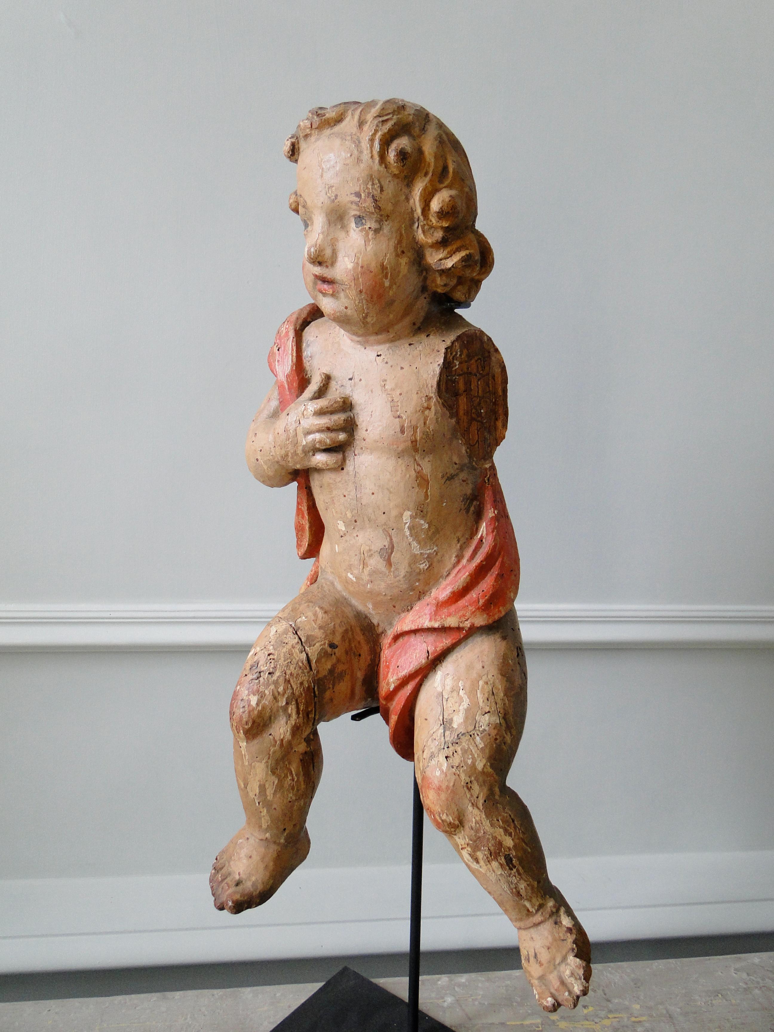18th Century Polychromed Wooden Baroque Angel For Sale 6