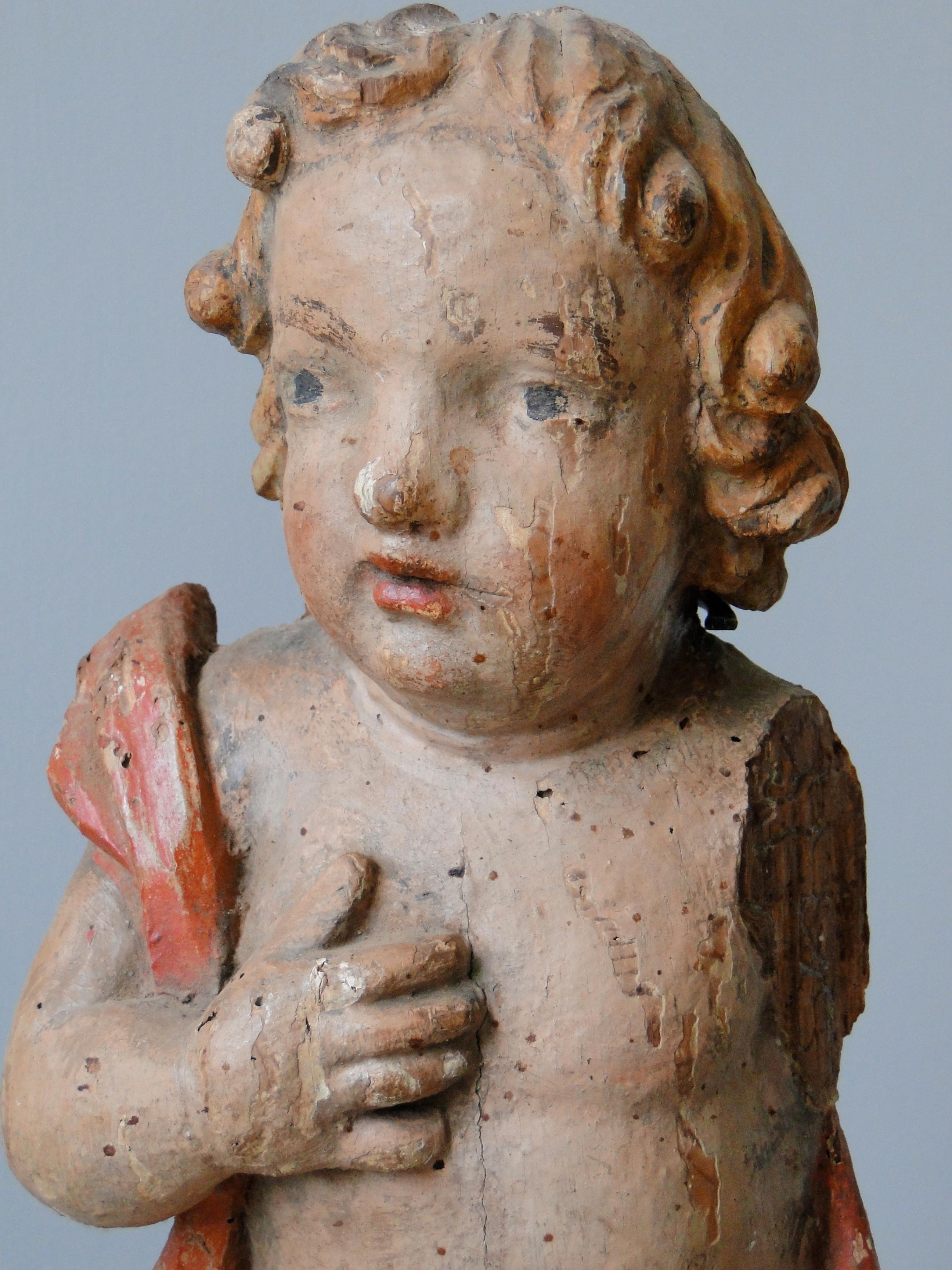German 18th Century Polychromed Wooden Baroque Angel For Sale