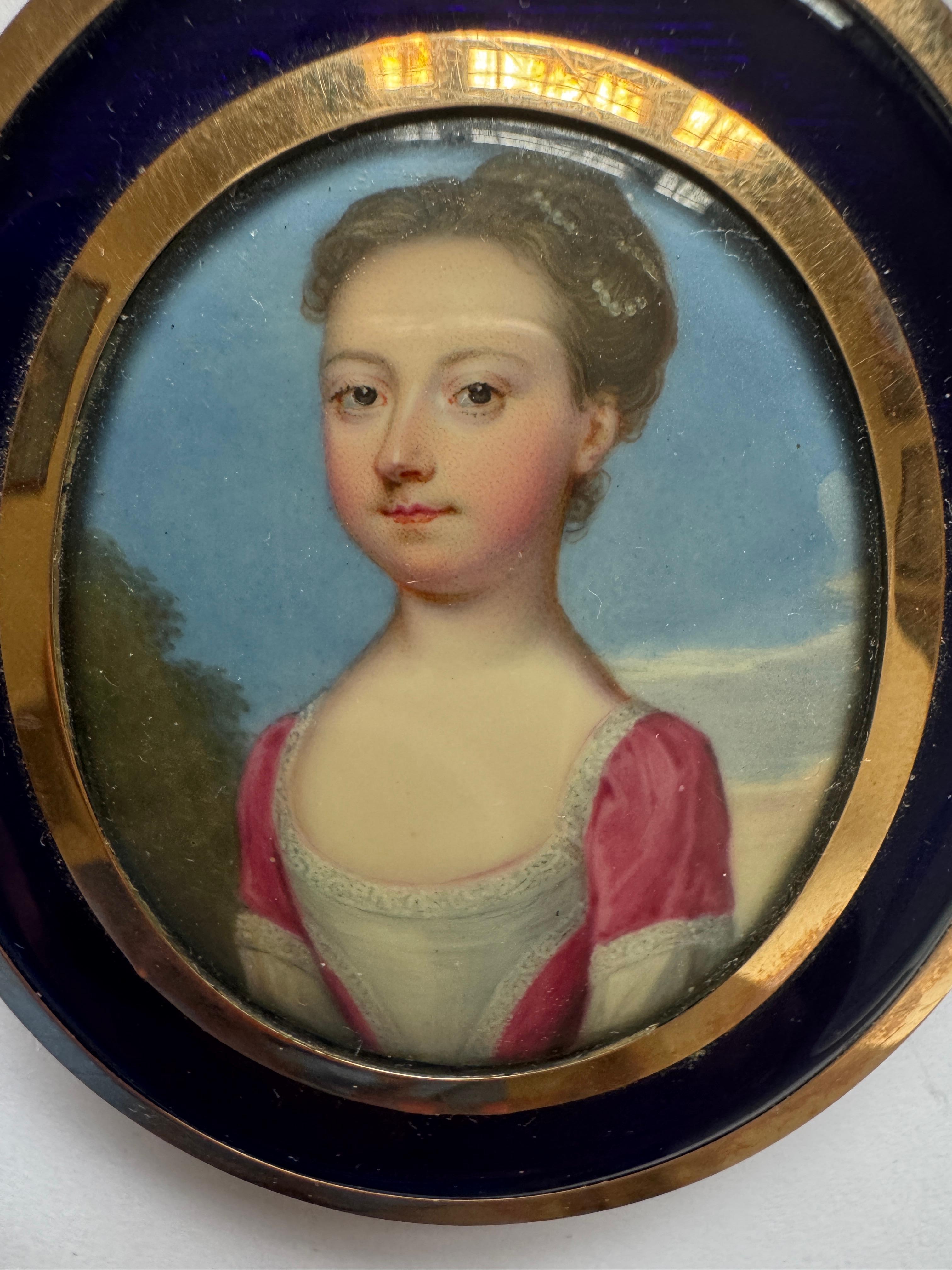 18th Century Portrait Miniature Attributed to Christian Friedrich Zincke (1683 - 1767)
A young girl, possibly a relative to Charlote Tilson,  Lady Deane (b 1918), half length, her hair dressed high and adorned with pearls and wearing a pink dress