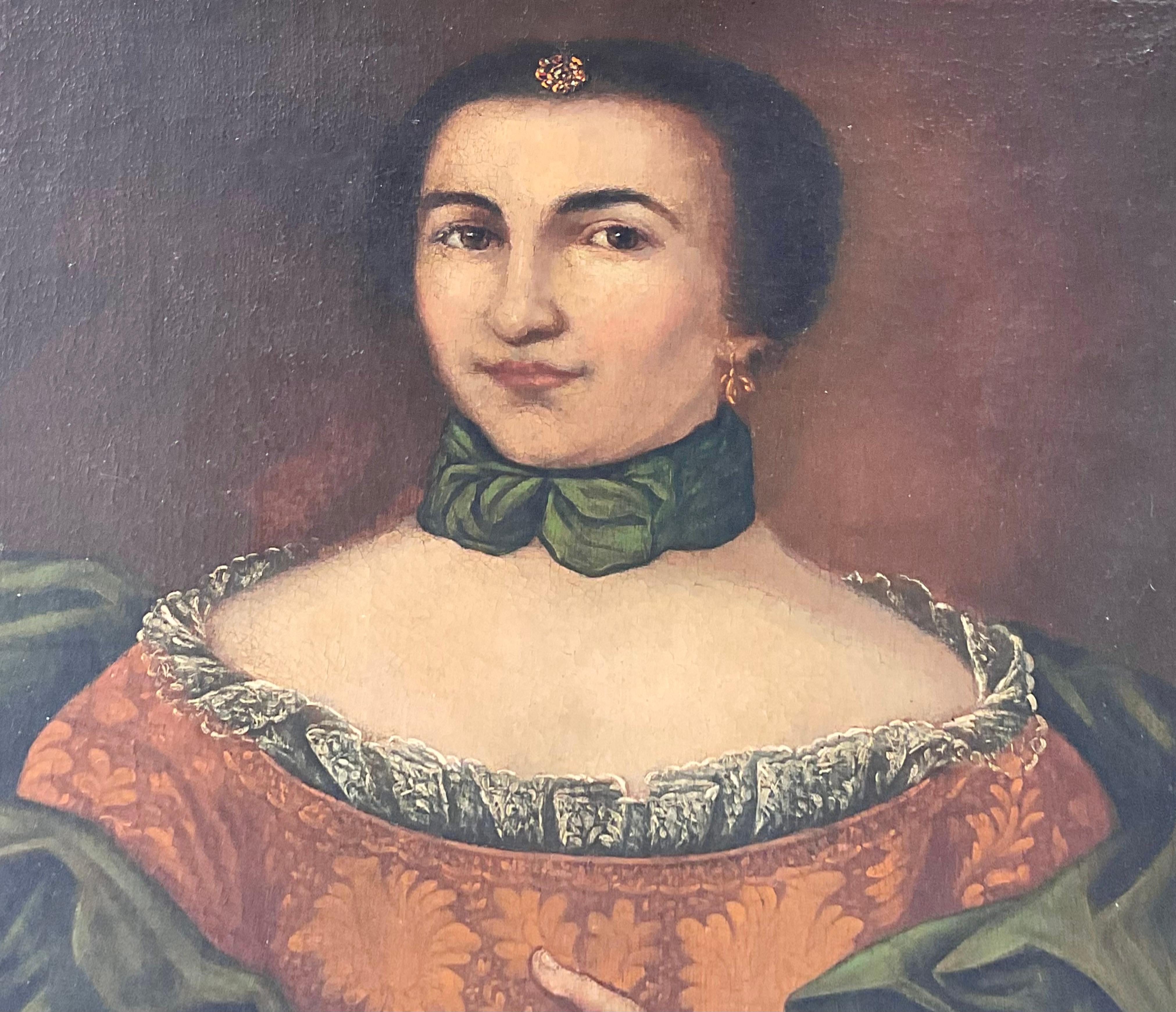 Baroque Portrait d'une noble du XVIIIe siècle dans un cadre en bois doré en vente