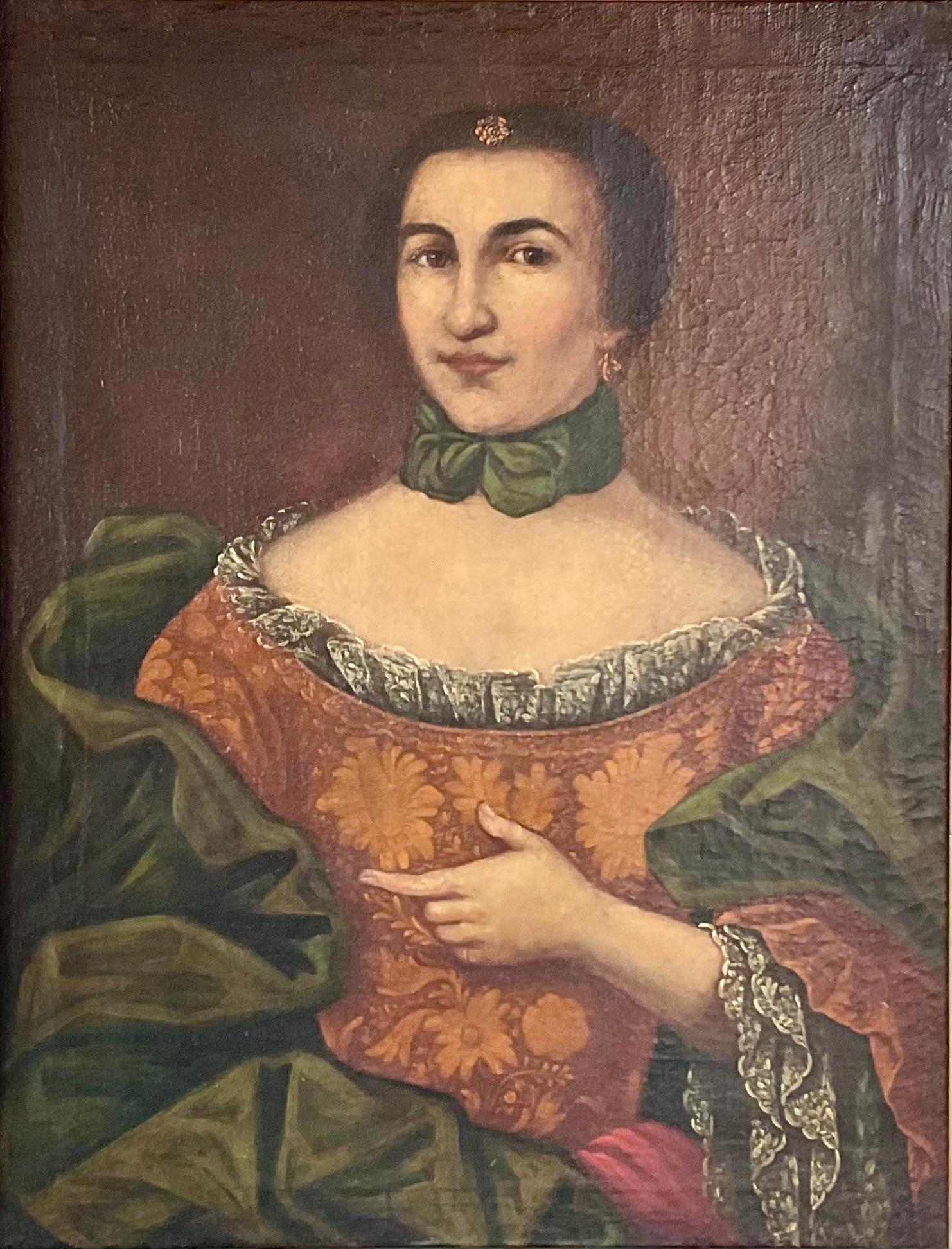 italien Portrait d'une noble du XVIIIe siècle dans un cadre en bois doré en vente