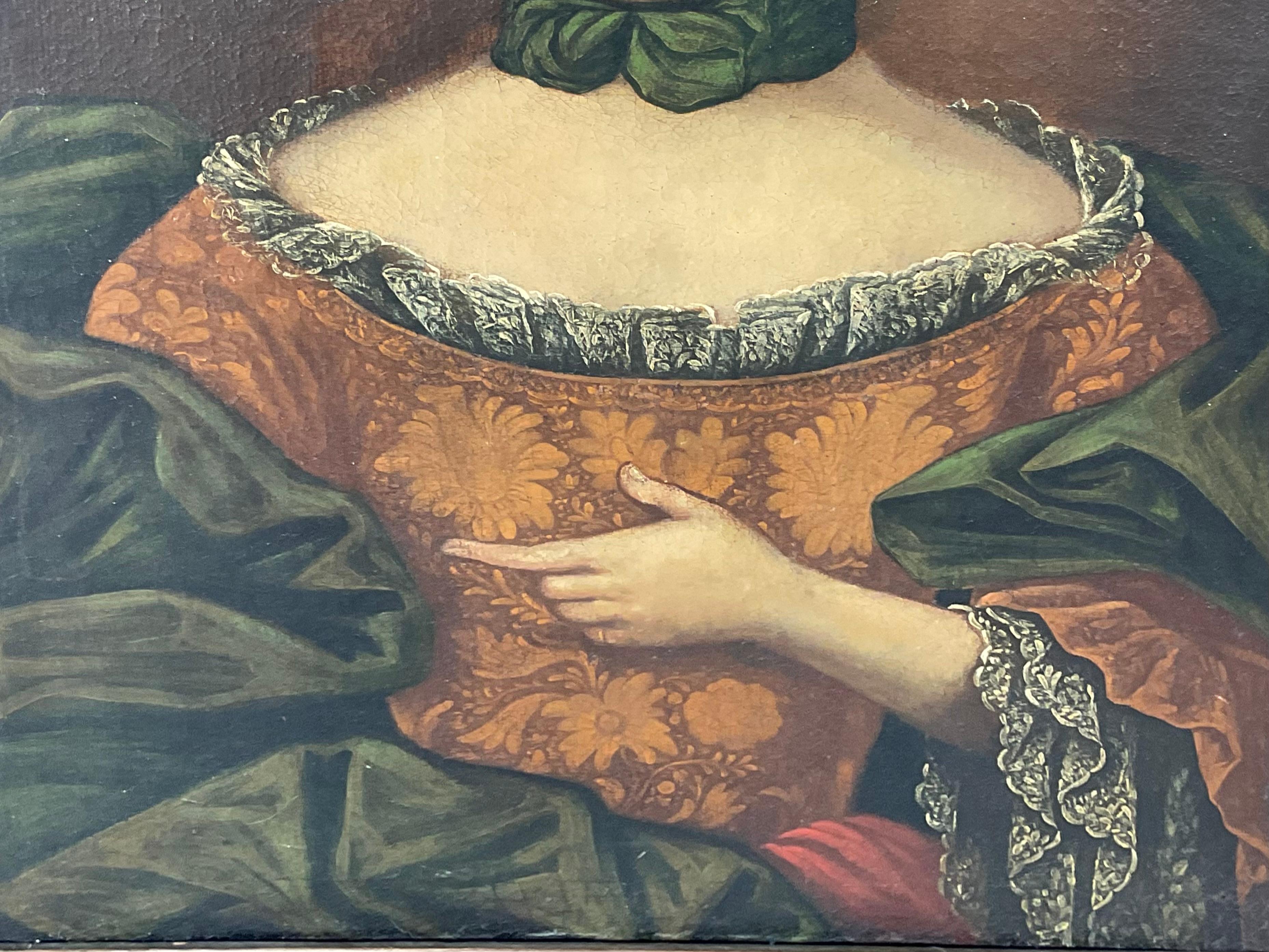 Peint à la main Portrait d'une noble du XVIIIe siècle dans un cadre en bois doré en vente
