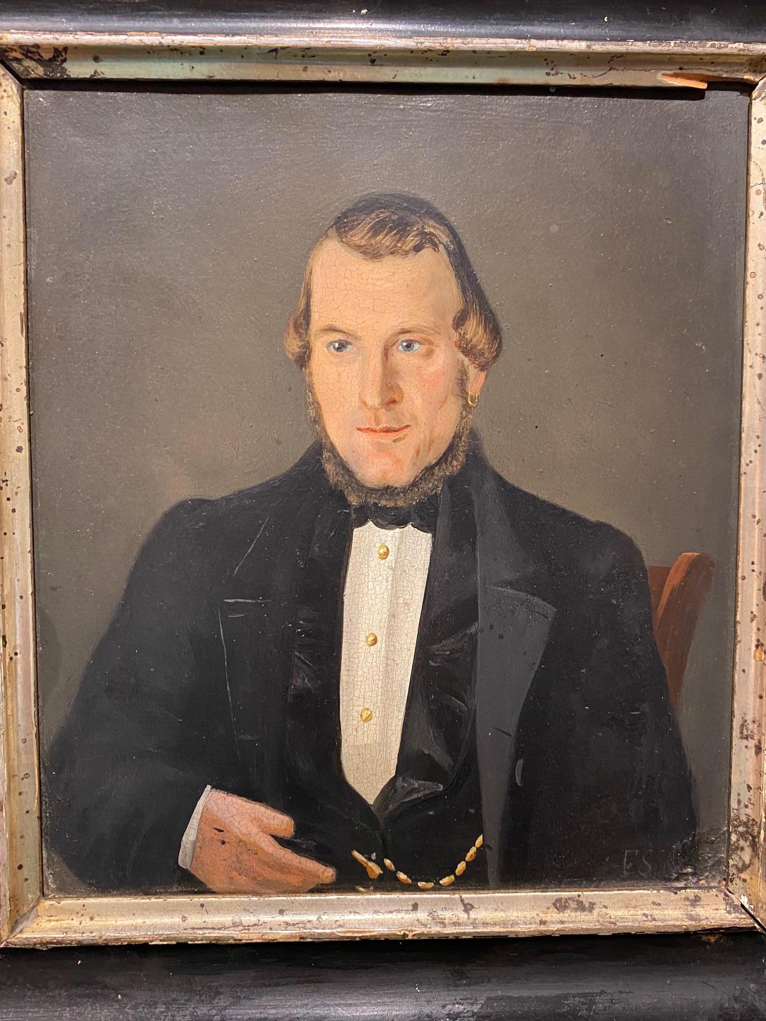 18th Century Portrait of a Whaling Captain, an oil on wooden panel half length portrait of a roguish sea captain with a gold earring - indicating almost certainly a whaling captain, and by the age of the painting most likely from Nantucket - signed