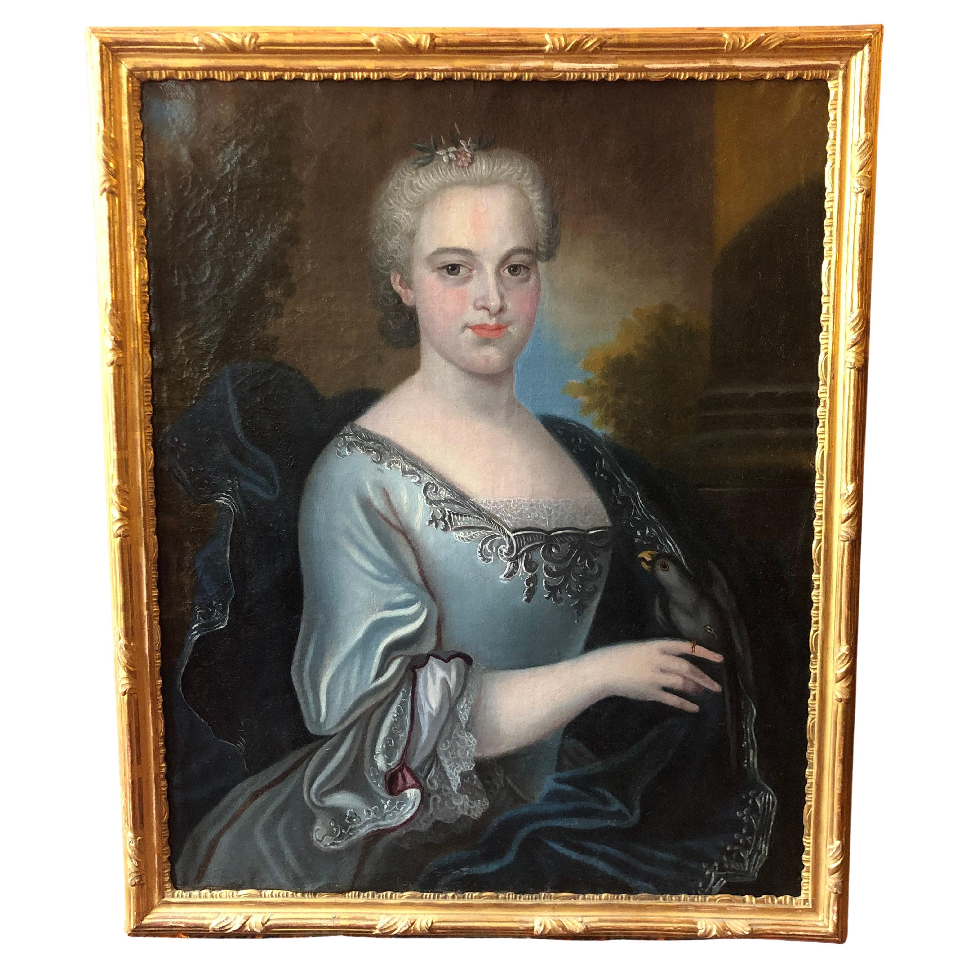 18th Century Portrait of a Young Woman with Parakeet For Sale