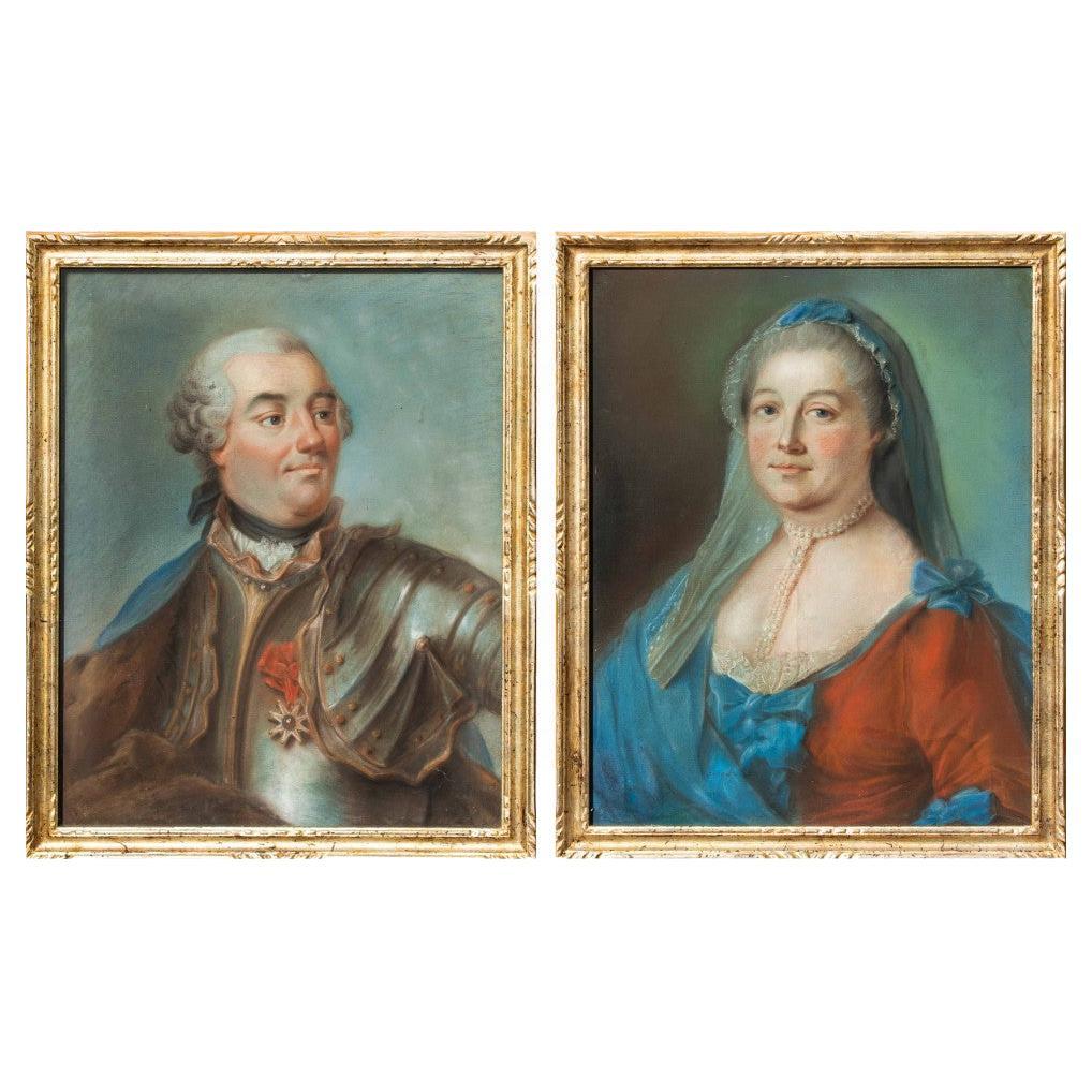 Pastellporträt von Ludwig XV. von Frankreich und Königin der königlichen Konsort auf Papier, 18. Jahrhundert im Angebot