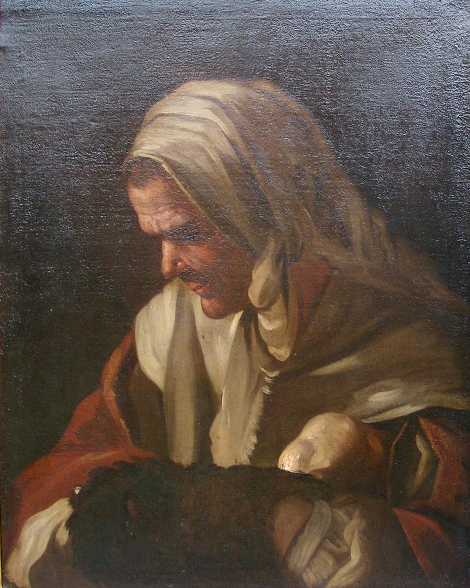 Rococo 18th Century Portrait of Old Woman Painting in Oil on Canvas by Antonio Cifrondi