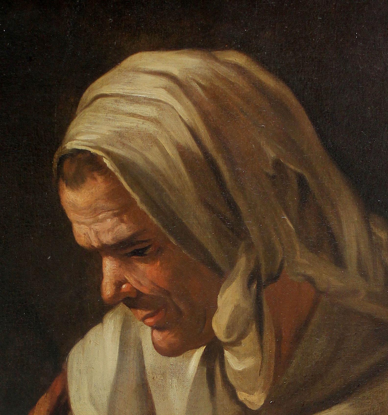 Italian 18th Century Portrait of Old Woman Painting in Oil on Canvas by Antonio Cifrondi