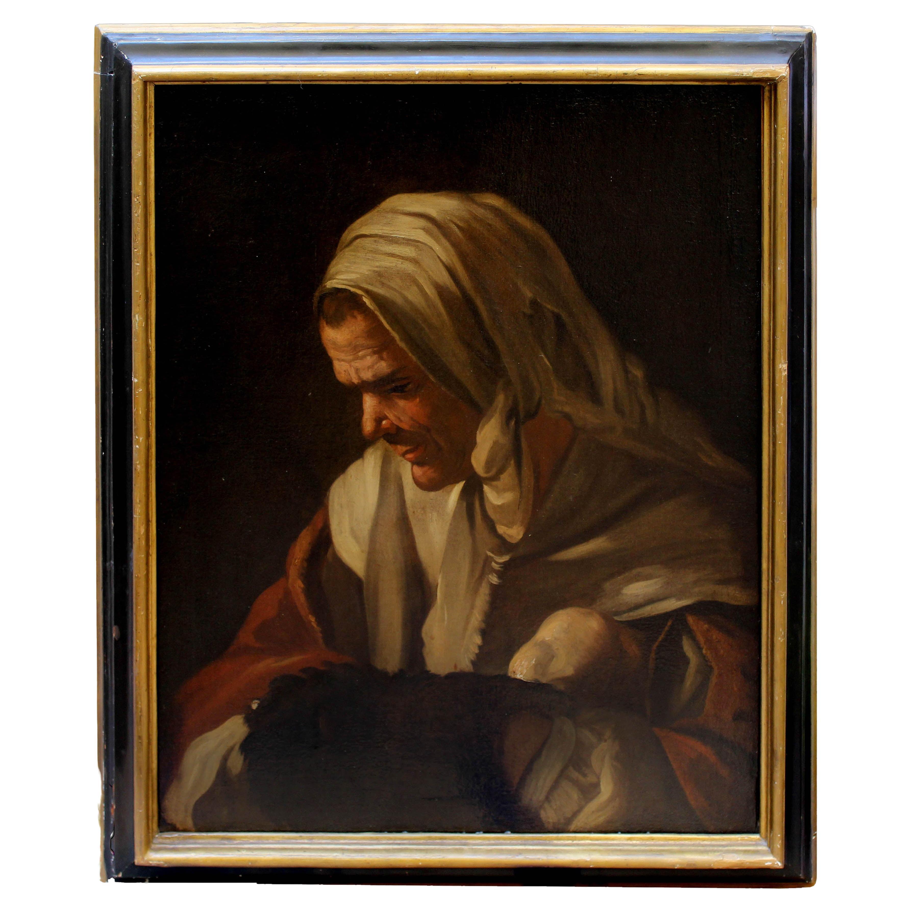18th Century Portrait of Old Woman Painting in Oil on Canvas by Antonio Cifrondi