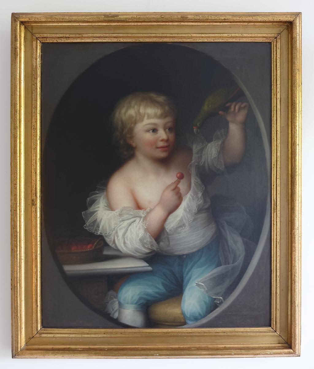 Néoclassique Peinture de portrait du 18ème siècle représentant un garçon avec un perroquet, signée Erik Pauelsen en vente
