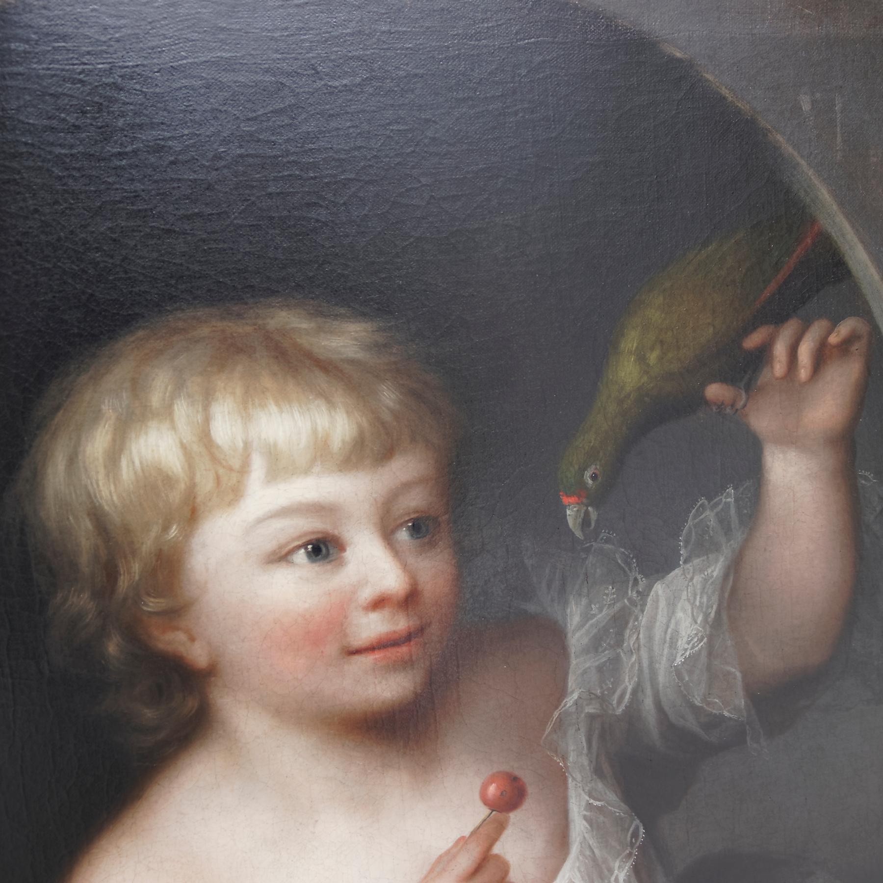 Danois Peinture de portrait du 18ème siècle représentant un garçon avec un perroquet, signée Erik Pauelsen en vente