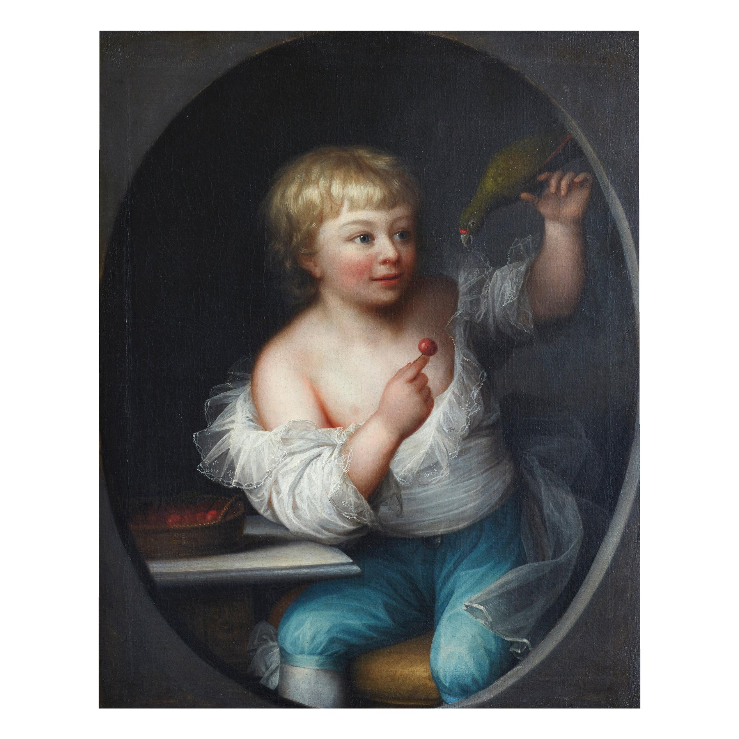 Peinture de portrait du 18ème siècle représentant un garçon avec un perroquet, signée Erik Pauelsen en vente