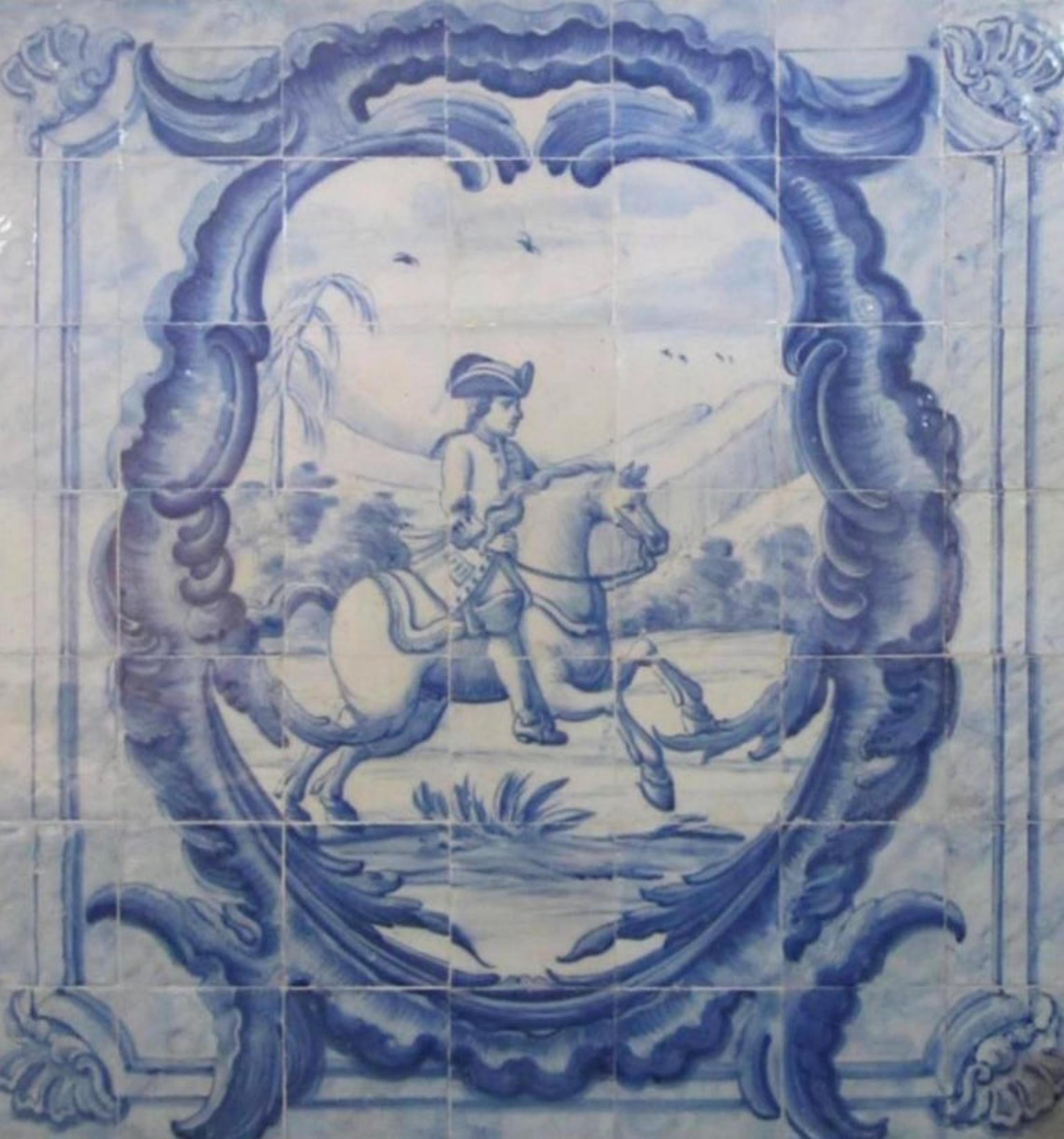 Fait main Panneau portugais du 18ème siècle Azulejo « Scène de chasse » en vente