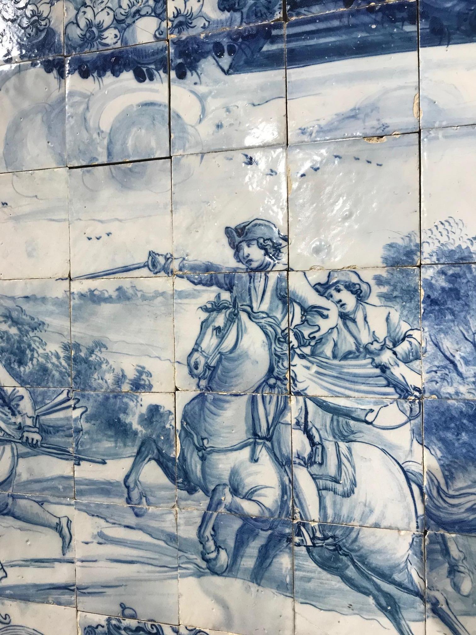 18th Century Portuguese Azulejos Mural, blue on white , with Hunting Scene For Sale 6