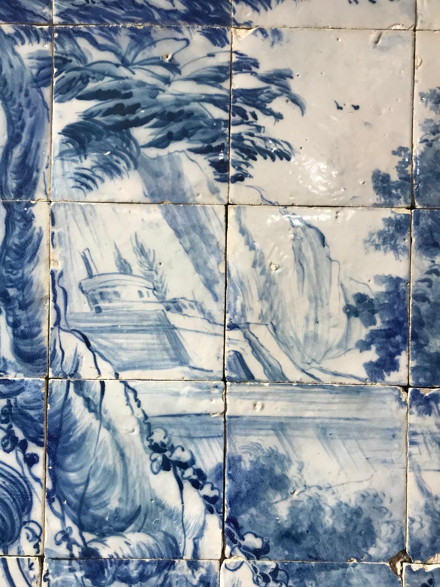 18th Century Portuguese Azulejos Mural, blue on white , with Hunting Scene For Sale 7