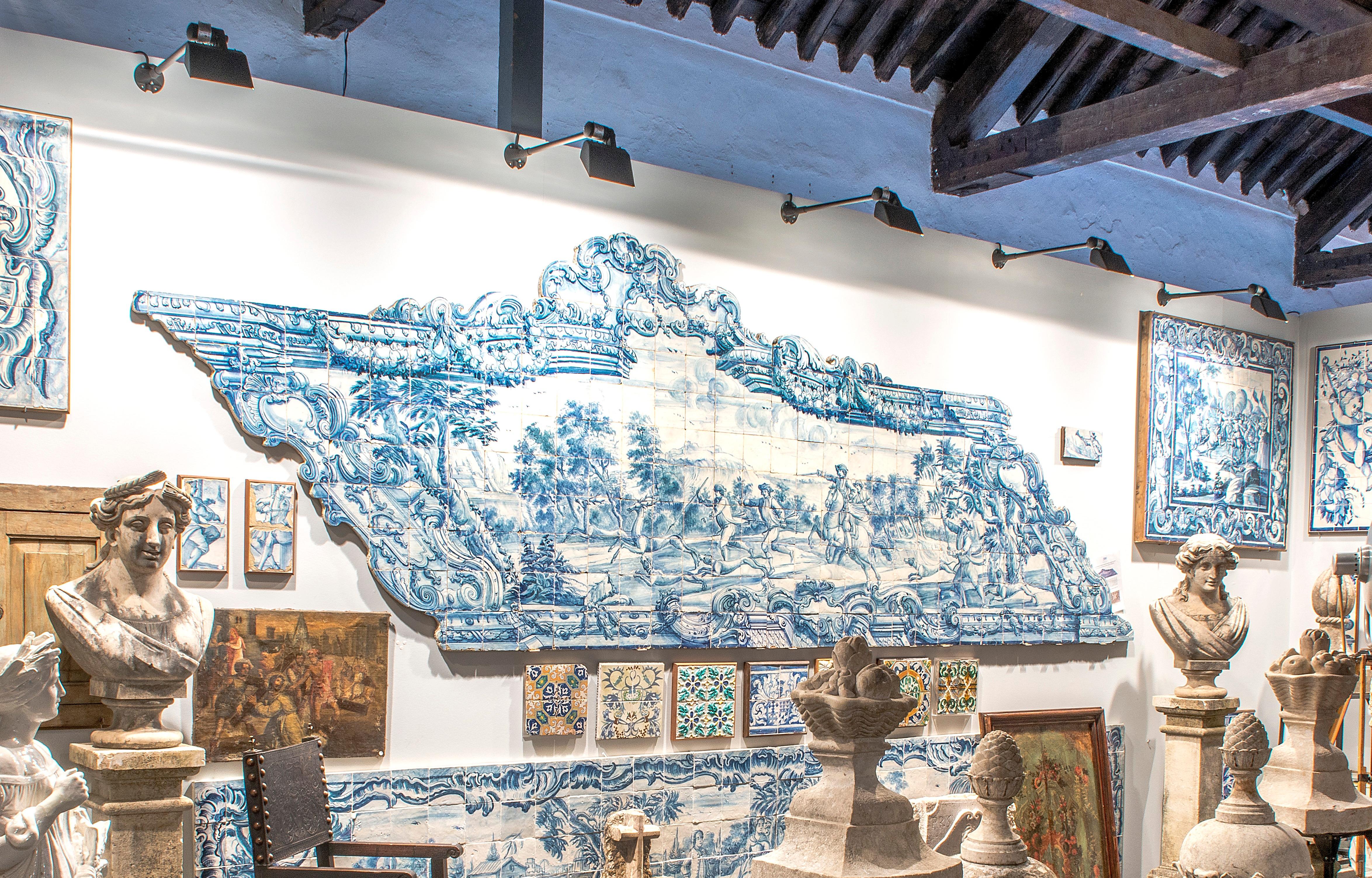 Baroque 18th Century Portuguese Azulejos Mural, blue on white , with Hunting Scene For Sale