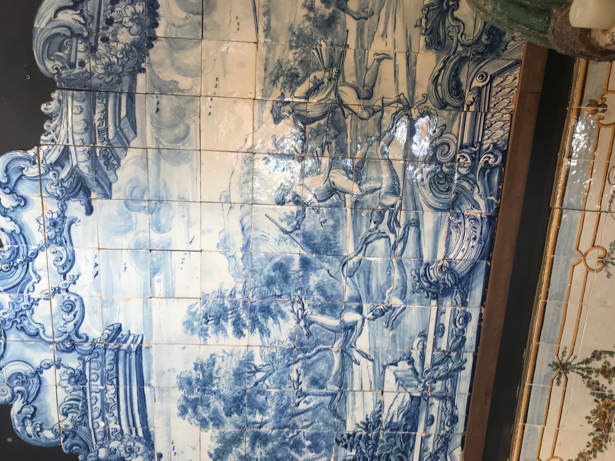 Glazed 18th Century Portuguese Azulejos Mural, blue on white , with Hunting Scene For Sale
