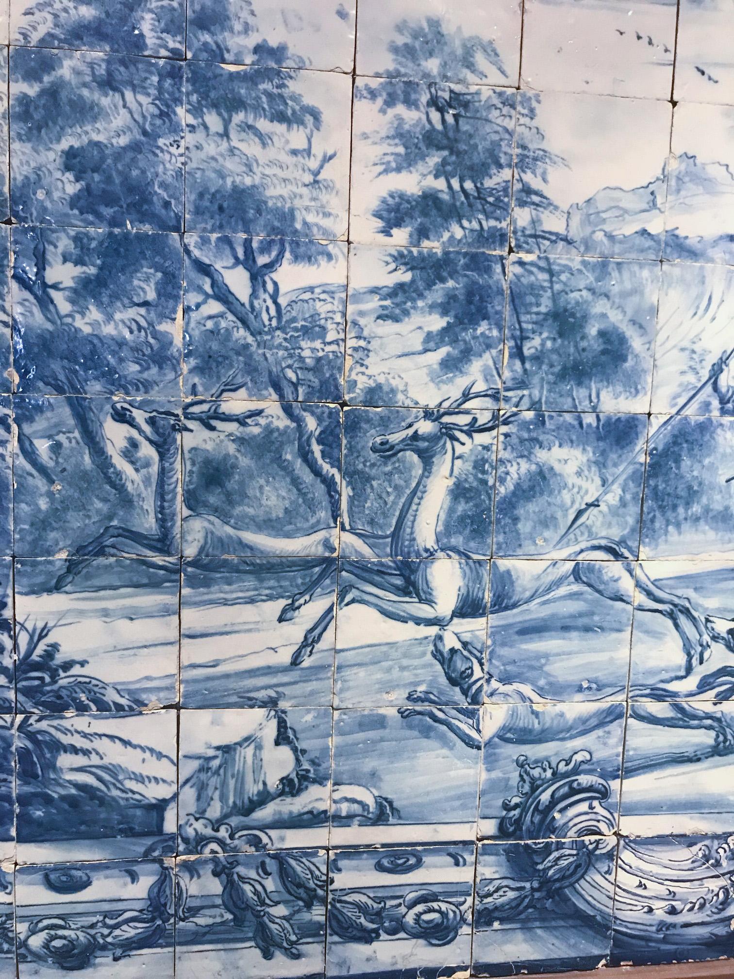 Early 18th Century 18th Century Portuguese Azulejos Mural, blue on white , with Hunting Scene For Sale