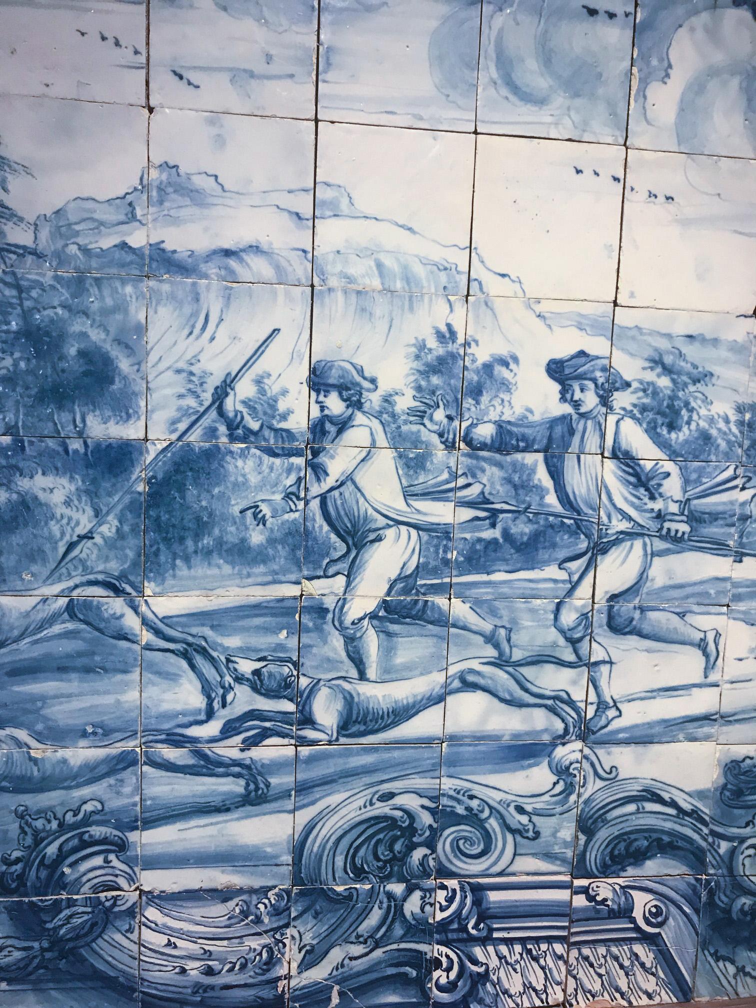 Terracotta 18th Century Portuguese Azulejos Mural, blue on white , with Hunting Scene For Sale