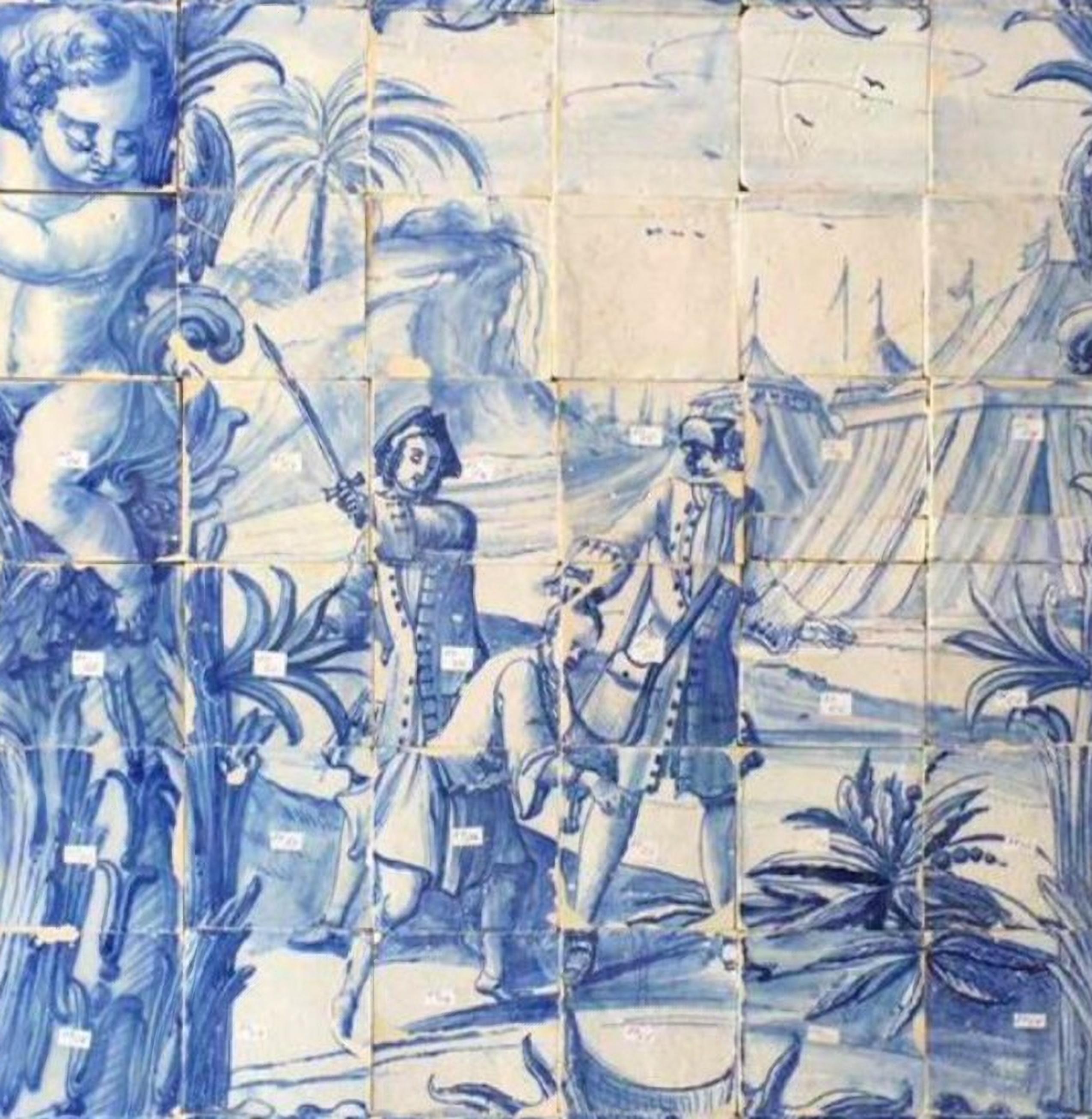 Baroque Panneau portugais « Azulejos » du 18ème siècle « Scène de bouteille » en vente