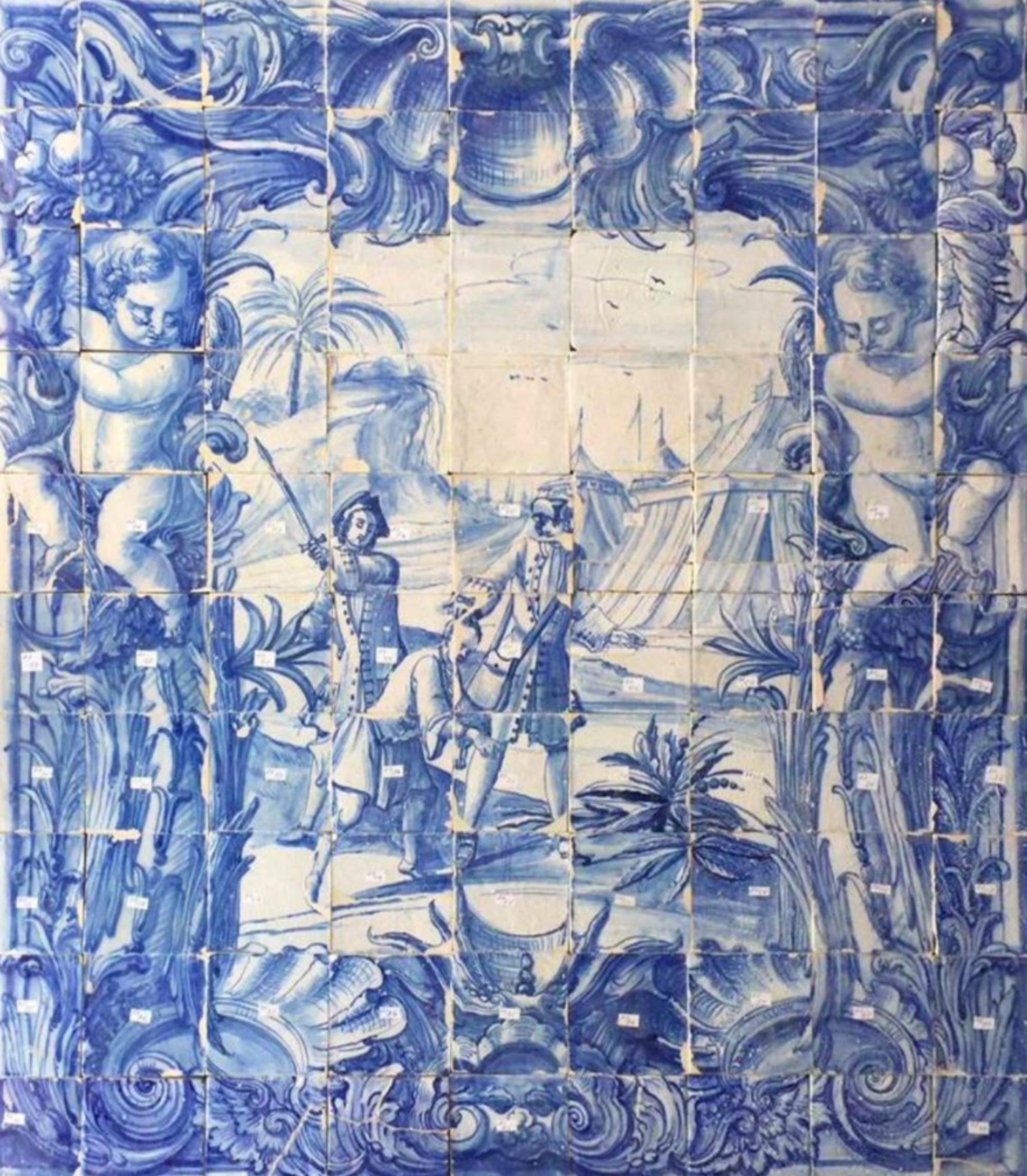 Portugais Panneau portugais « Azulejos » du 18ème siècle « Scène de bouteille » en vente