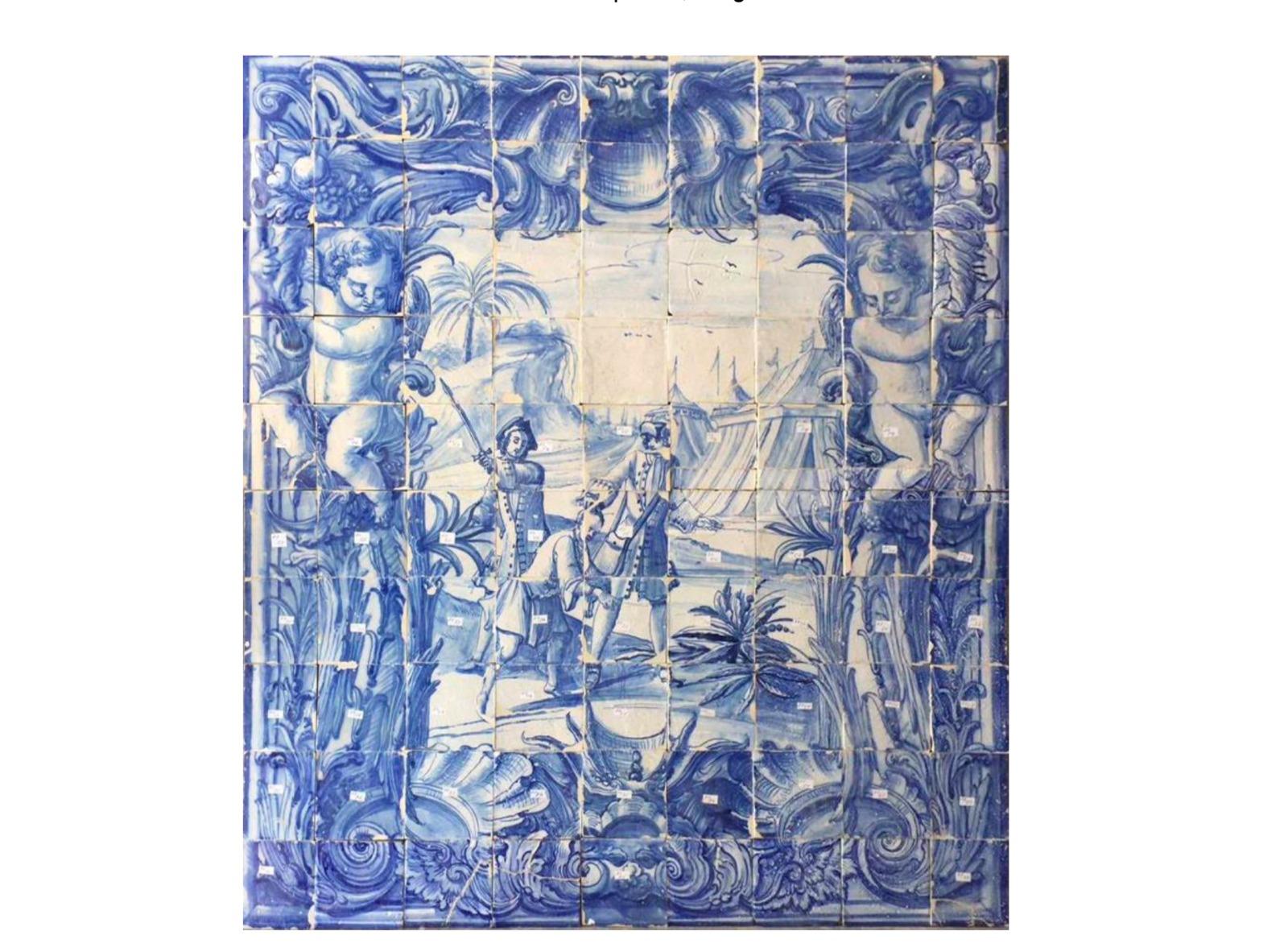 Fait main Panneau portugais « Azulejos » du 18ème siècle « Scène de bouteille » en vente