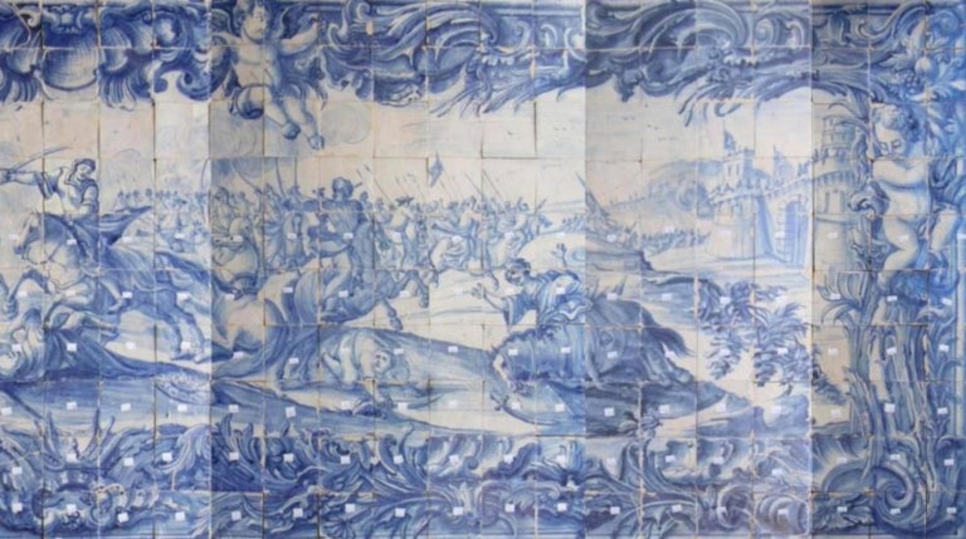 Portugiesische „ Azulejos“-Tafel „Battleszene“ aus dem 18. Jahrhundert (Handgefertigt) im Angebot