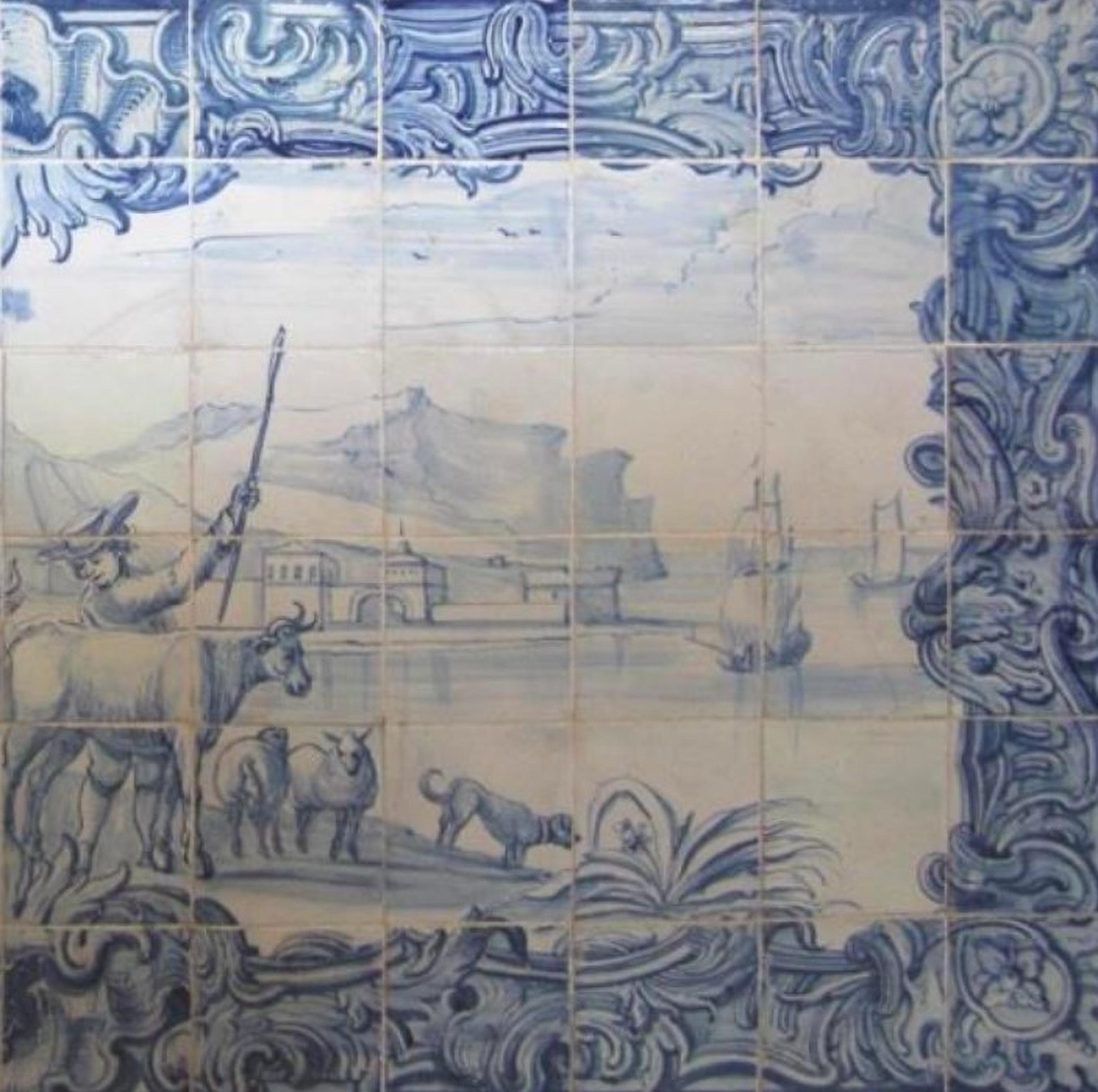 Baroque Panneau portugais « Azulejos » du 18ème siècle « Scène de cheminée » en vente