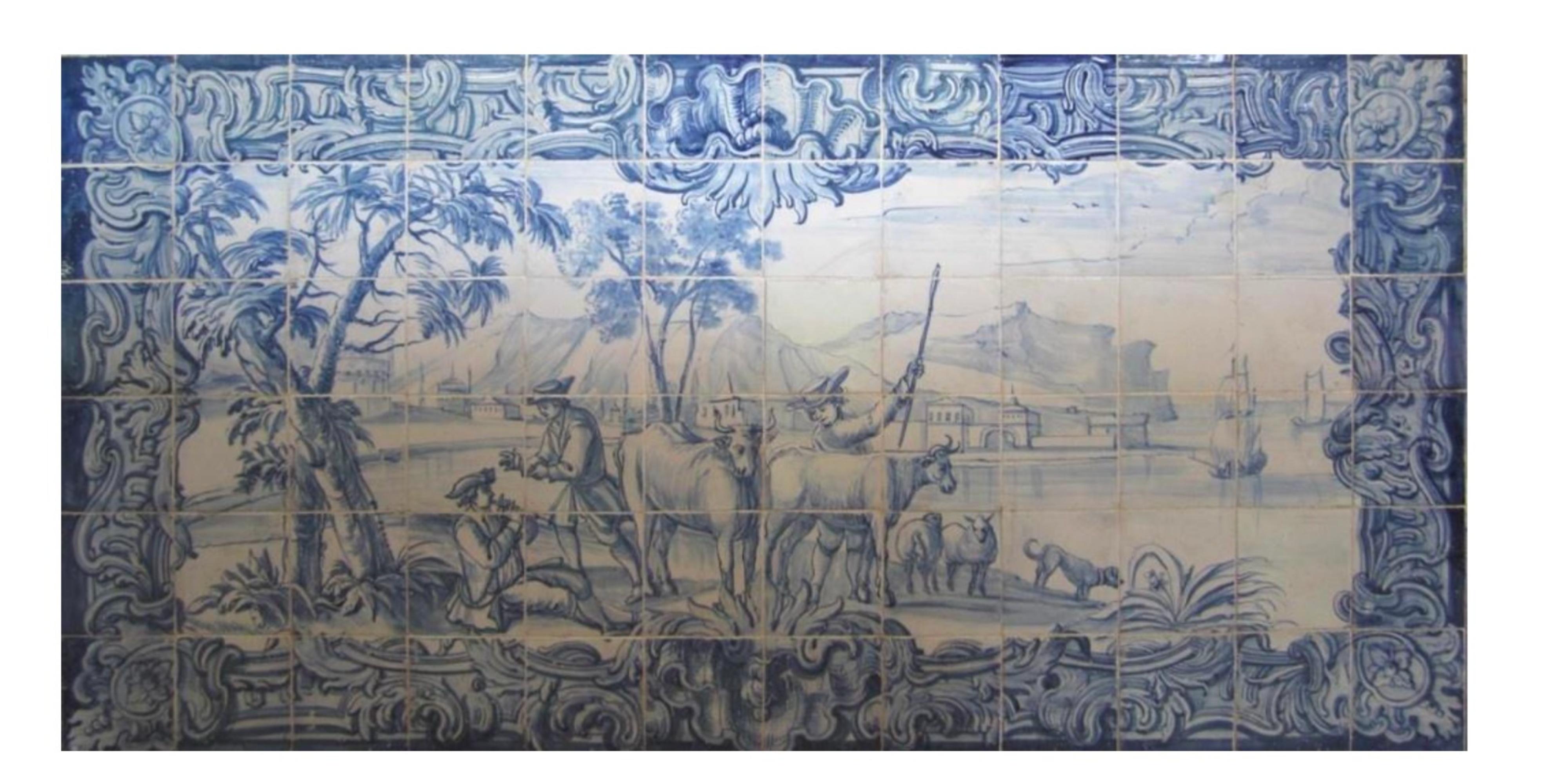 Fait main Panneau portugais « Azulejos » du 18ème siècle « Scène de cheminée » en vente