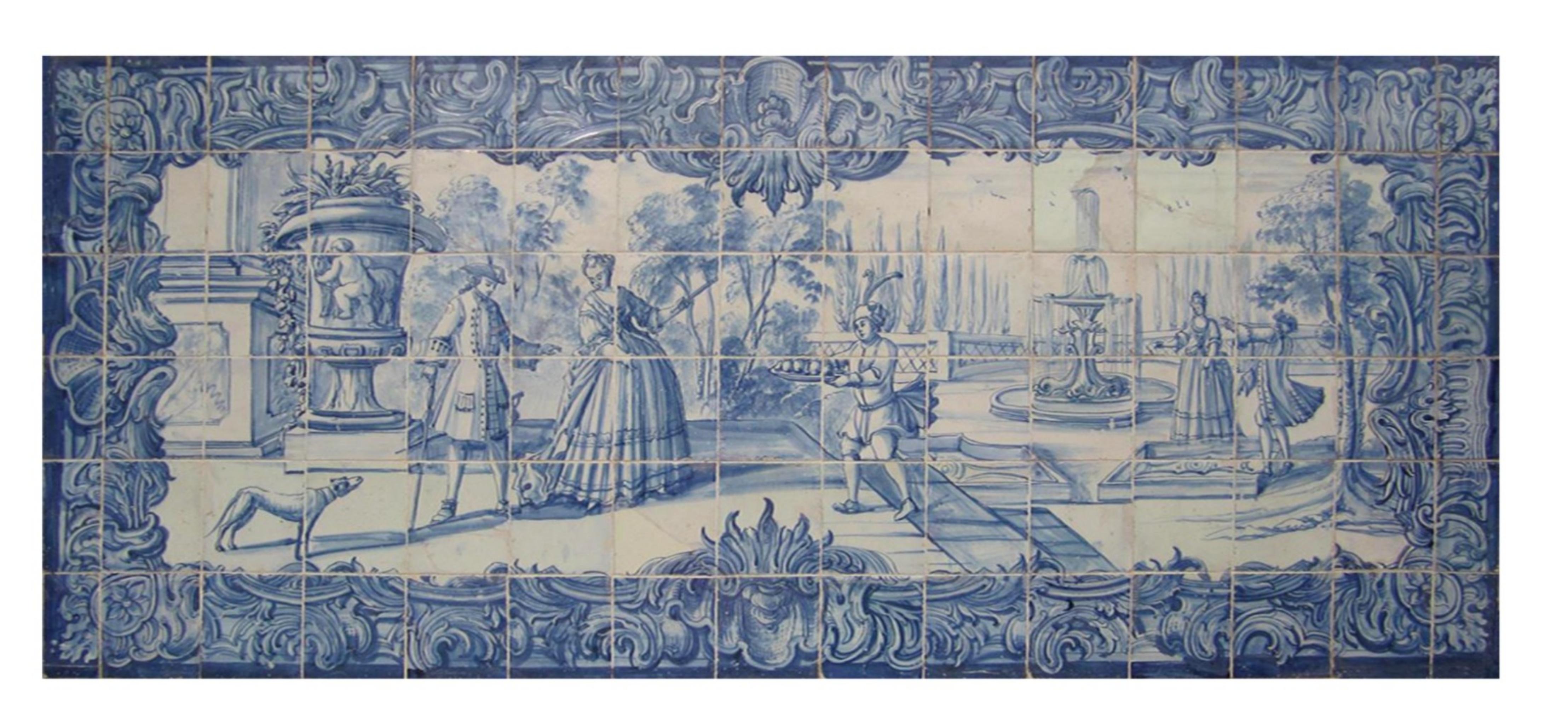 Fait main Panneau portugais du 18ème siècle « Azulejos » « Scène de cheminée » en vente