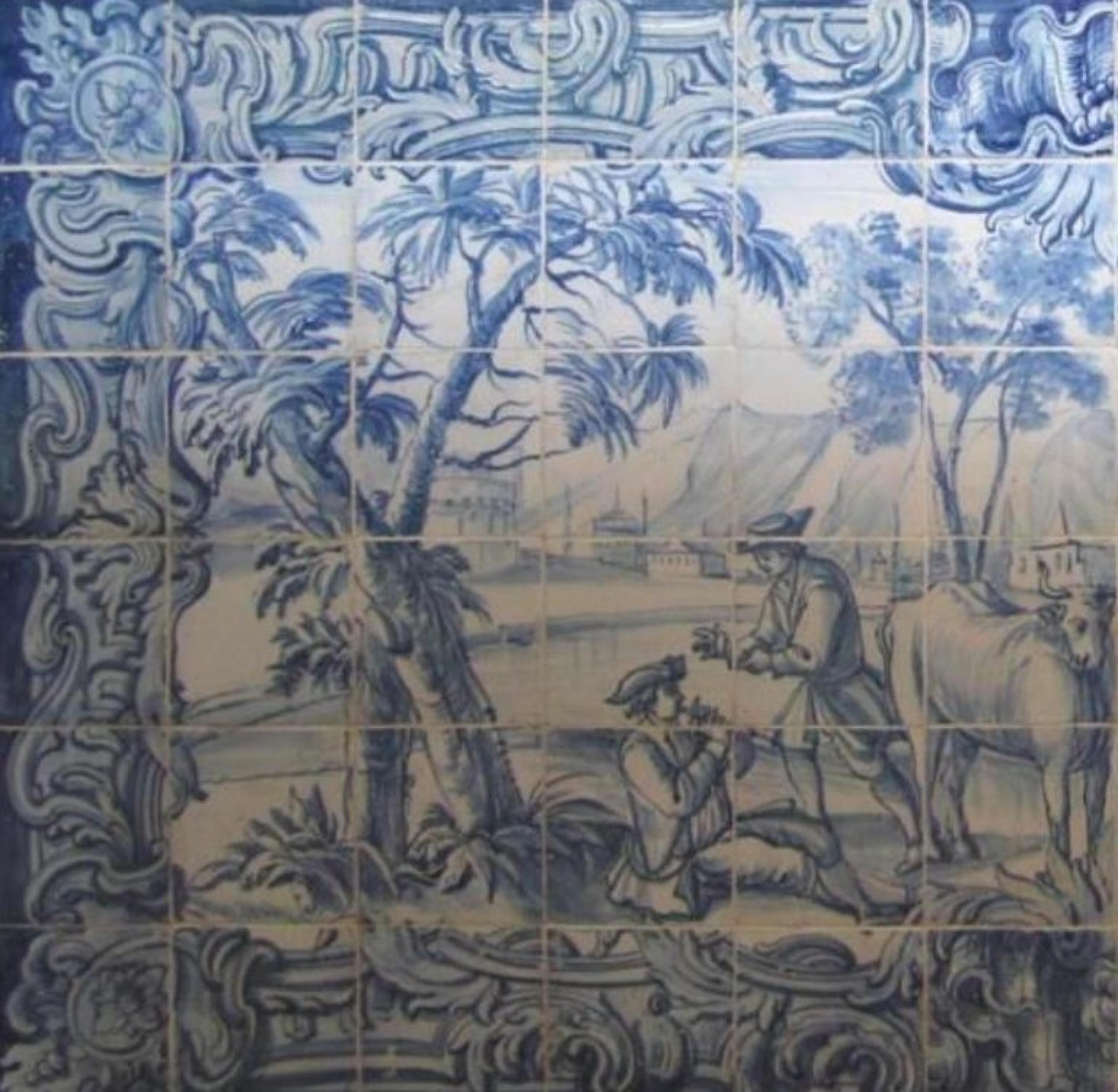 Baroque Panneau portugais « Azulejos » du 18ème siècle « Scène de cheminée » en vente