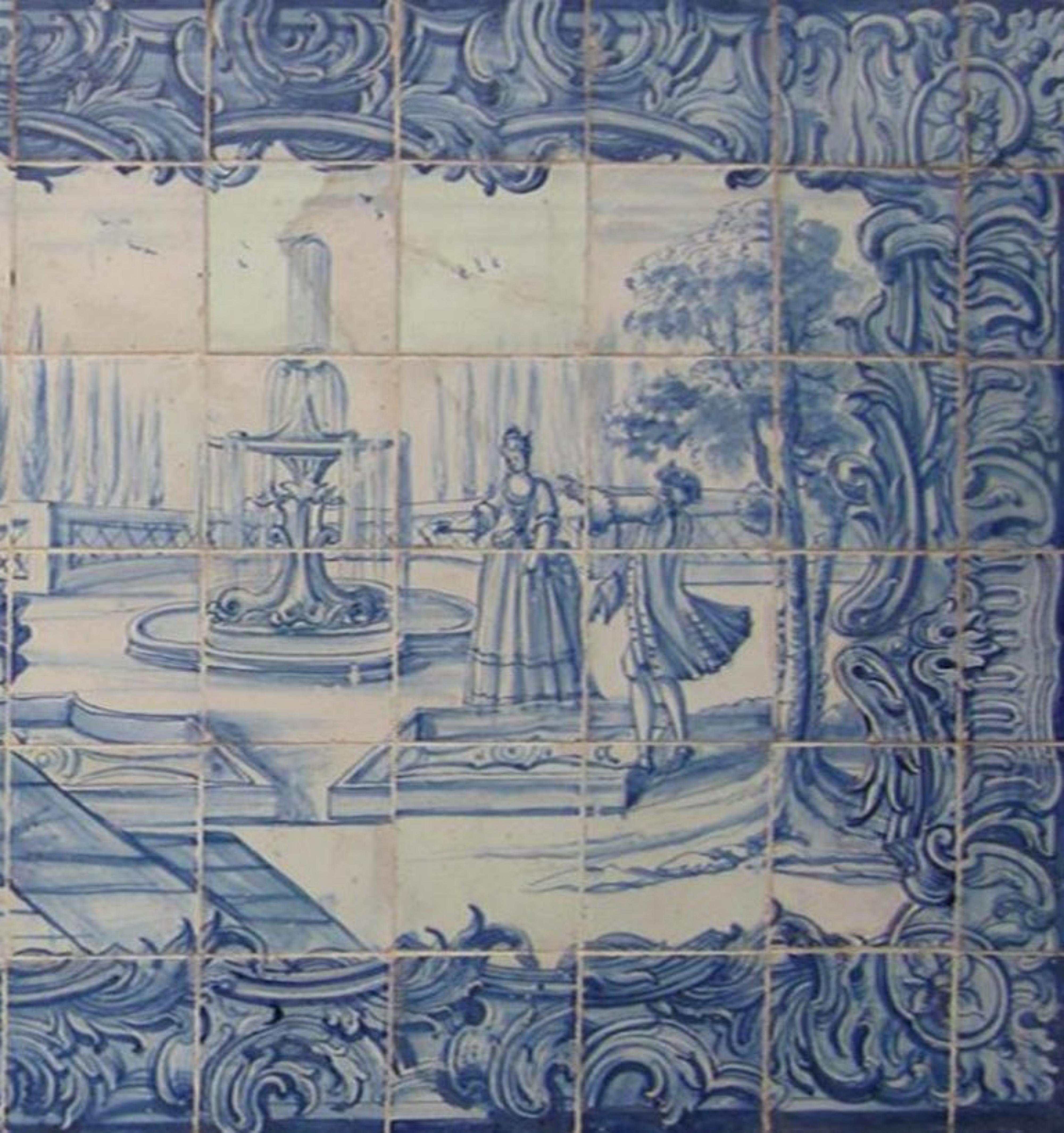 Portugiesische „ Azulejos“-Tafel „Eingangsszene“ aus dem 18. Jahrhundert (Handgefertigt) im Angebot