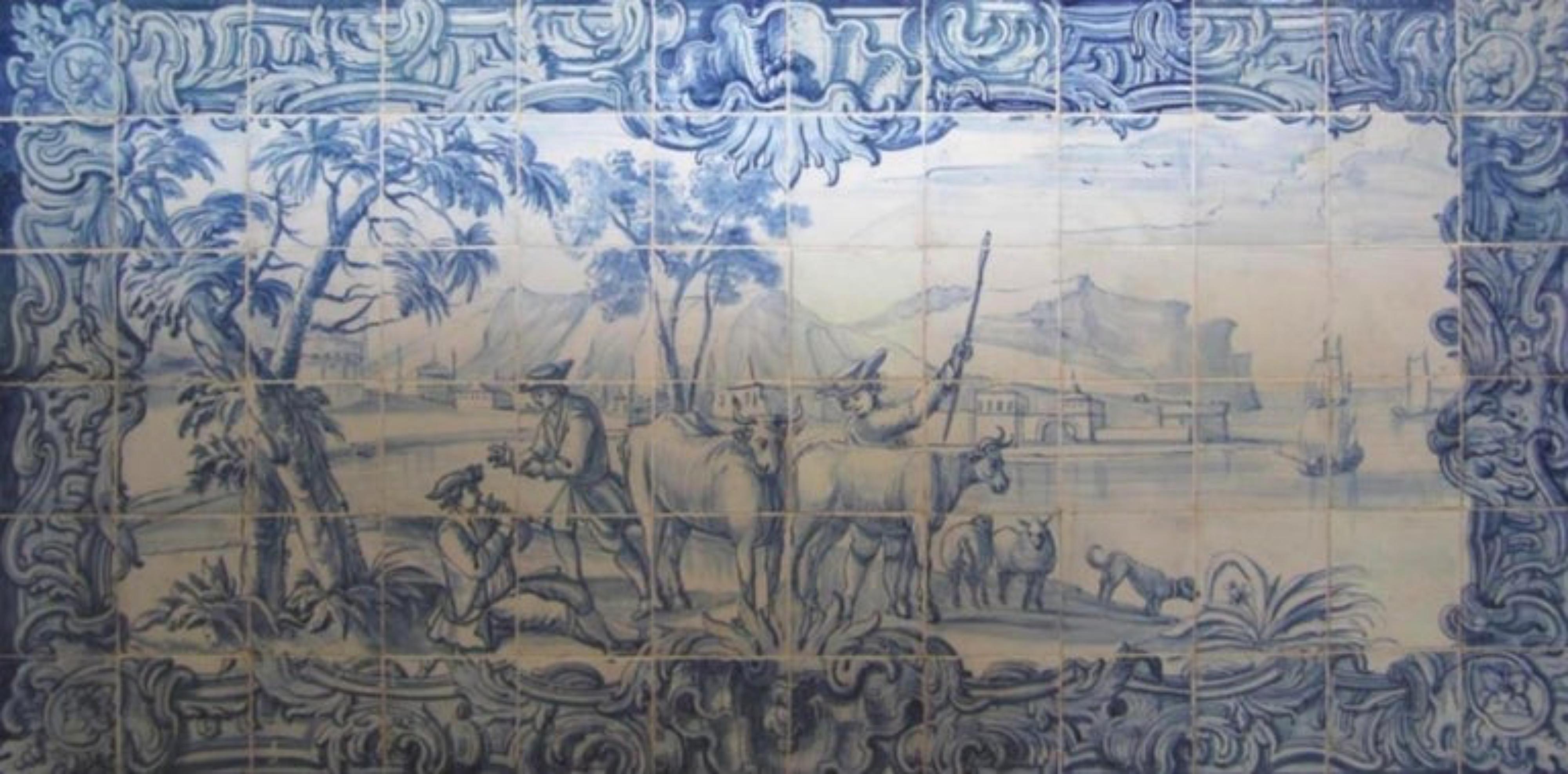 Fait main Panneau portugais « Azulejos » du 18ème siècle « Scène de cheminée » en vente