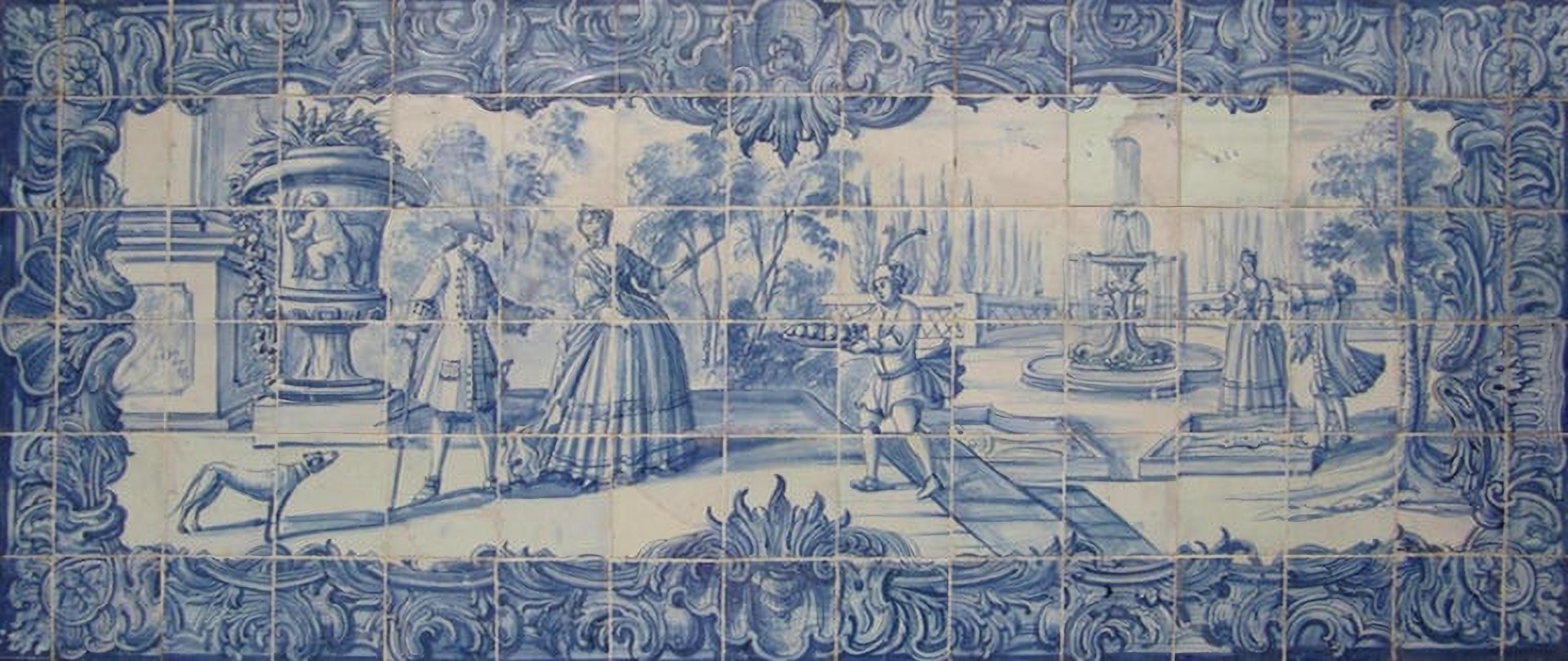Portugiesische „ Azulejos“-Tafel „Eingangsszene“ aus dem 18. Jahrhundert im Zustand „Gut“ im Angebot in Madrid, ES