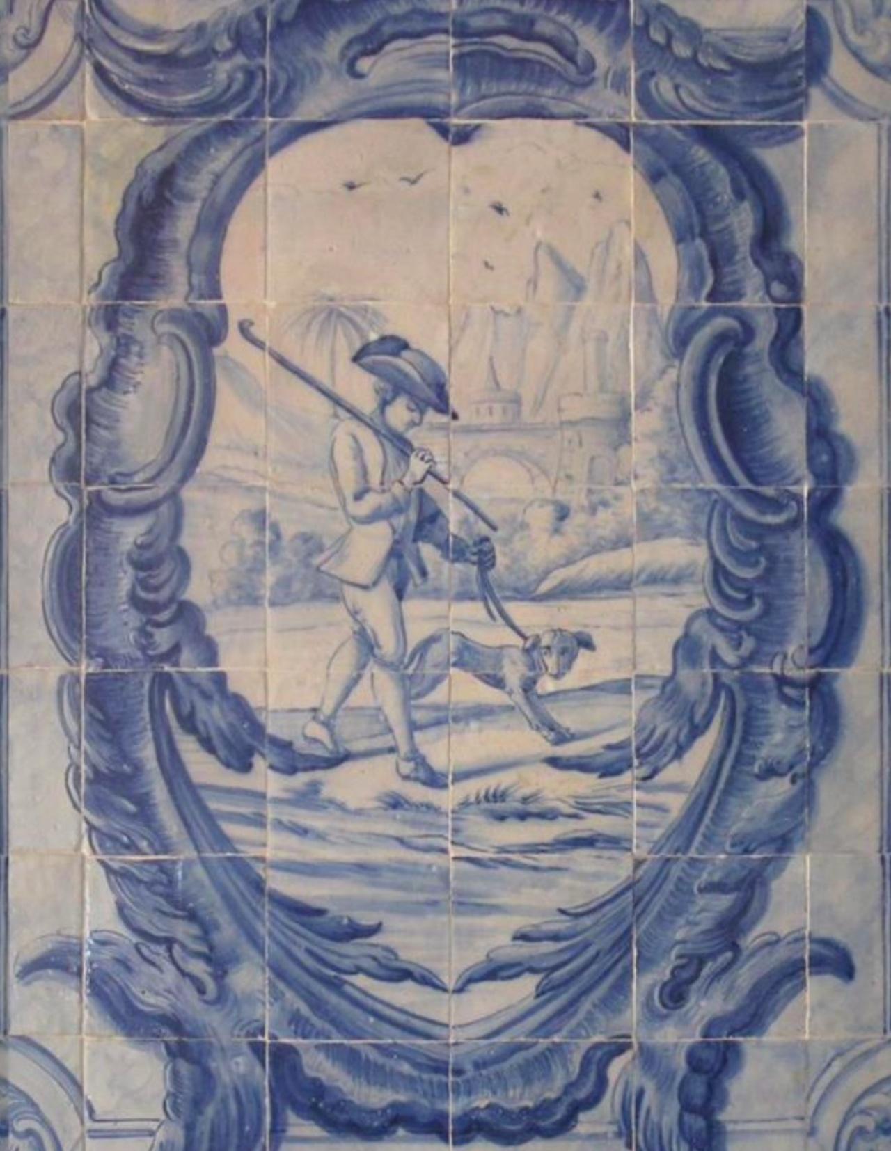 Portugiesische „ Azulejos“-Tafel „Hunting Scene“ aus dem 18. Jahrhundert (Handgefertigt) im Angebot
