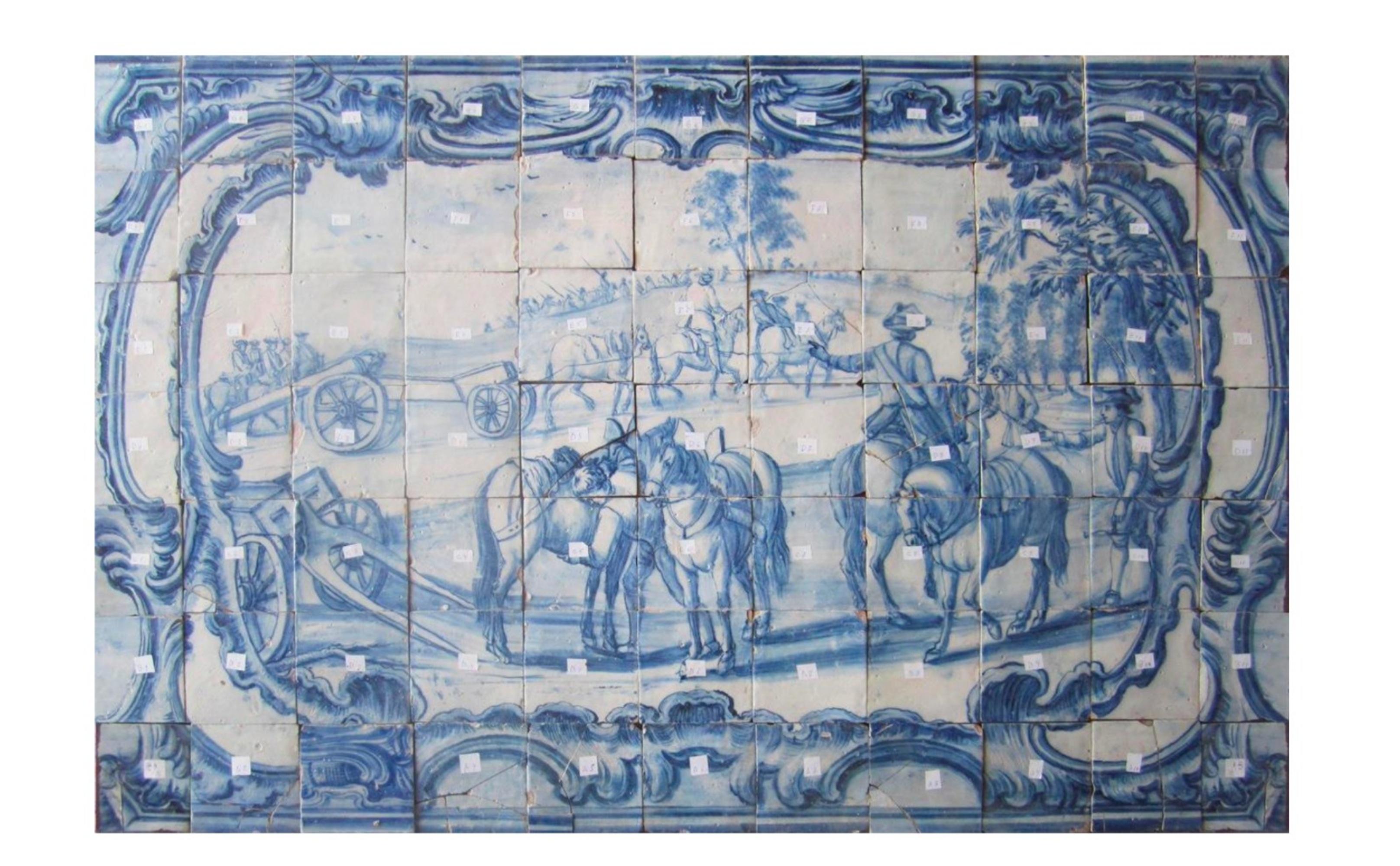 Fait main Panneau portugais du 18ème siècle « Azulejos » « Scène de monnaie » en vente