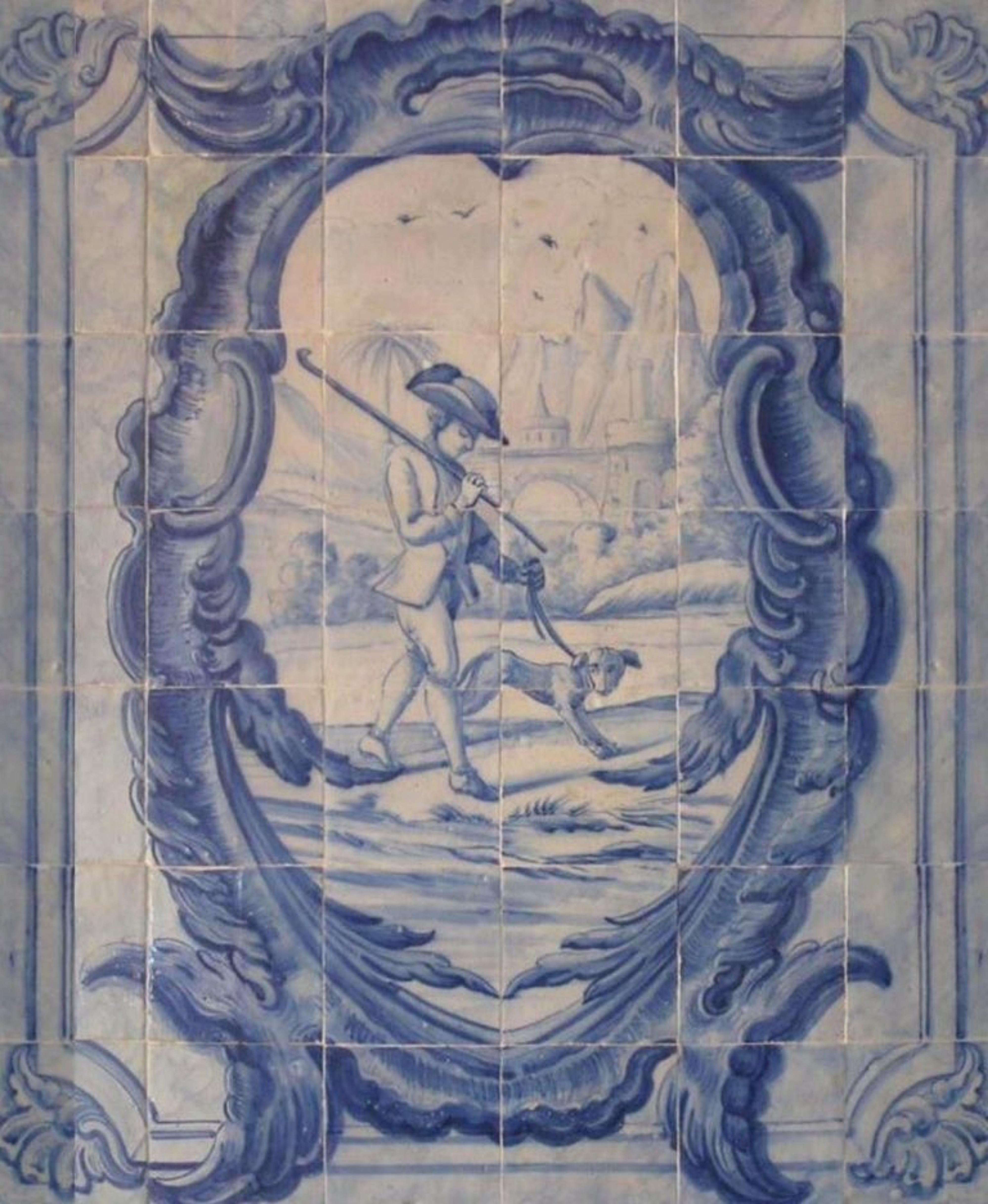 Baroque Panneau portugais du 18e siècle Azulejos « Scène de chasse » en vente