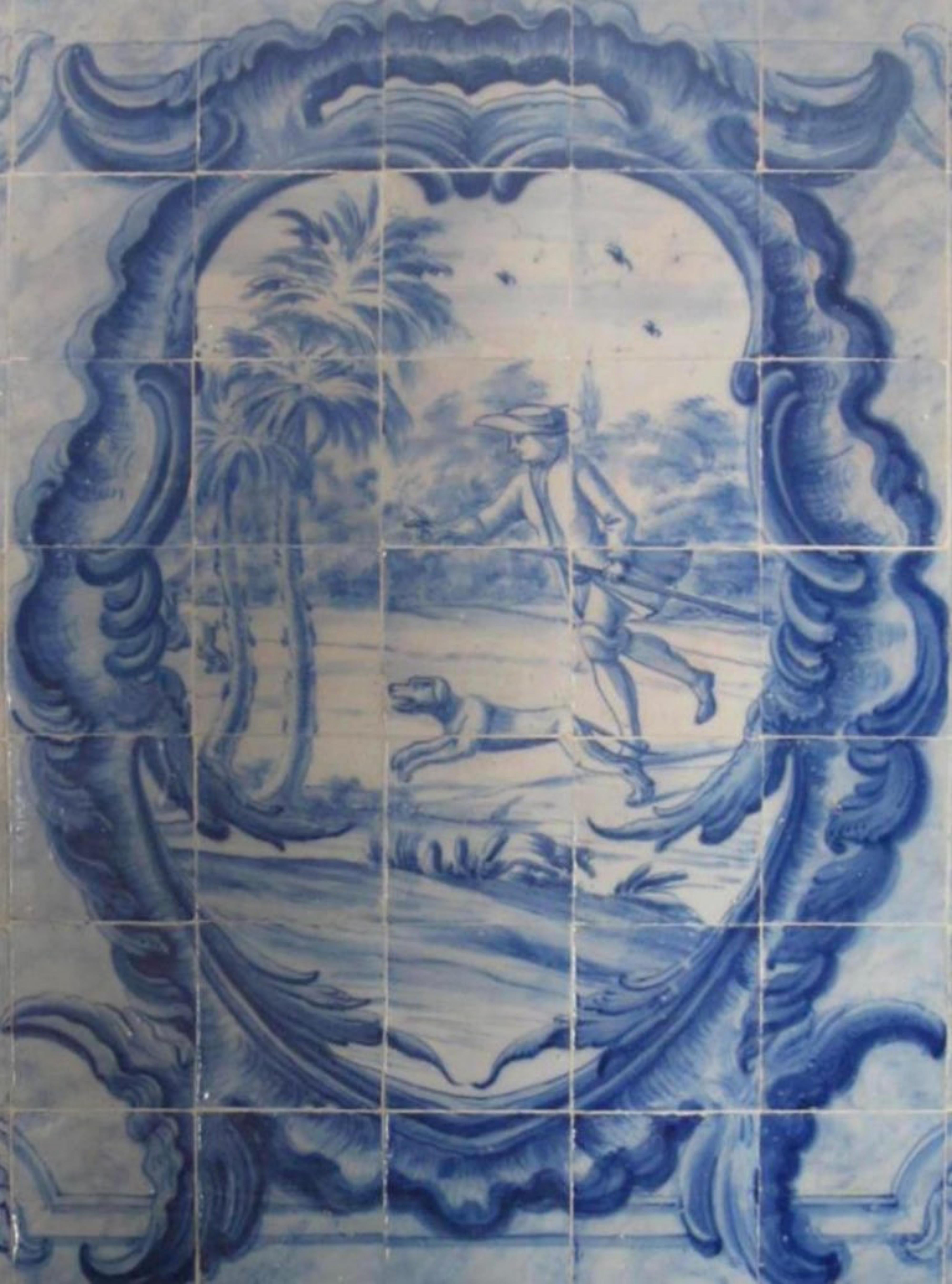 Portugiesische „ Azulejos“-Tafel „Hunting Scene“ aus dem 18. Jahrhundert (Handgefertigt) im Angebot