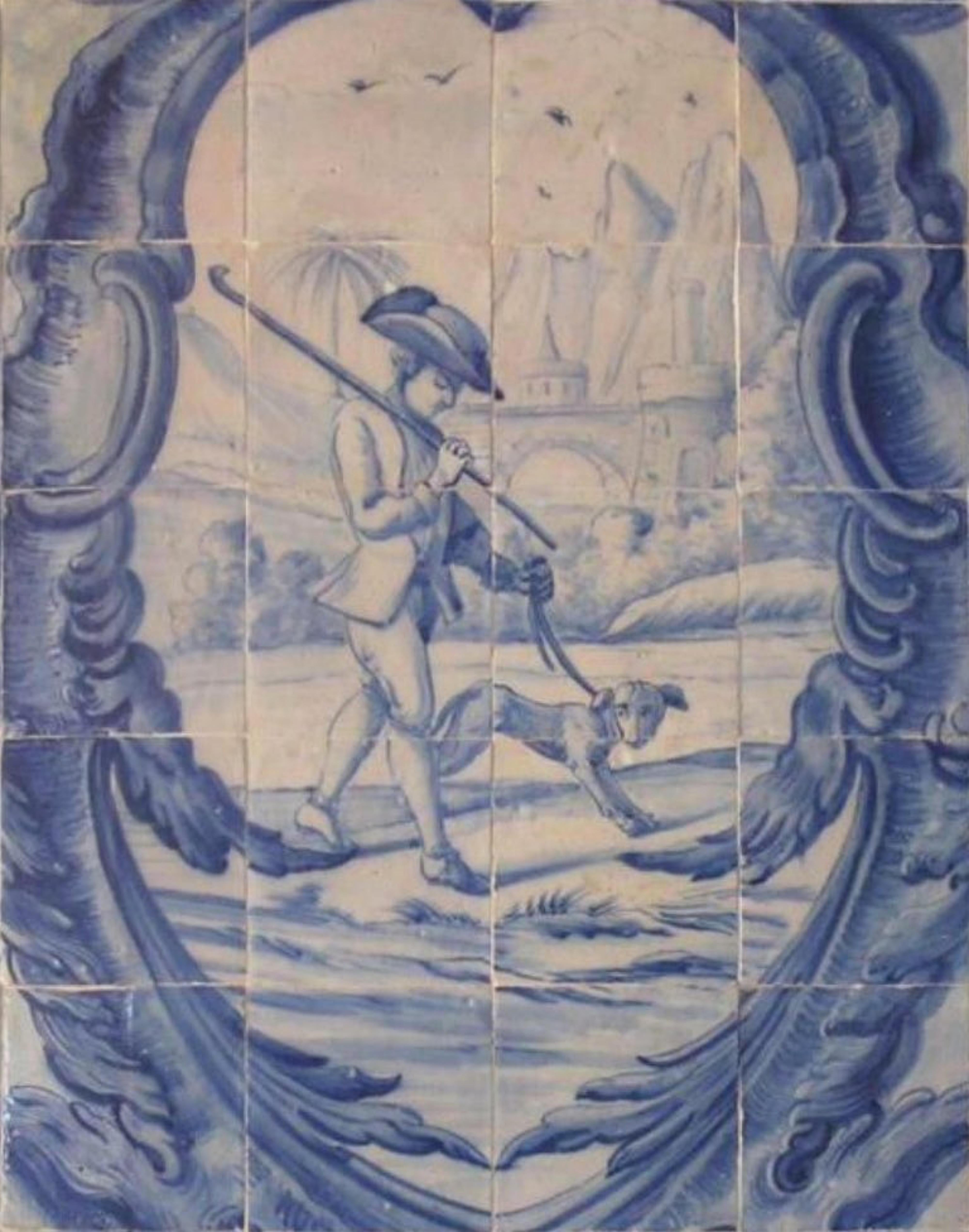 Portugais Panneau portugais du 18e siècle Azulejos « Scène de chasse » en vente
