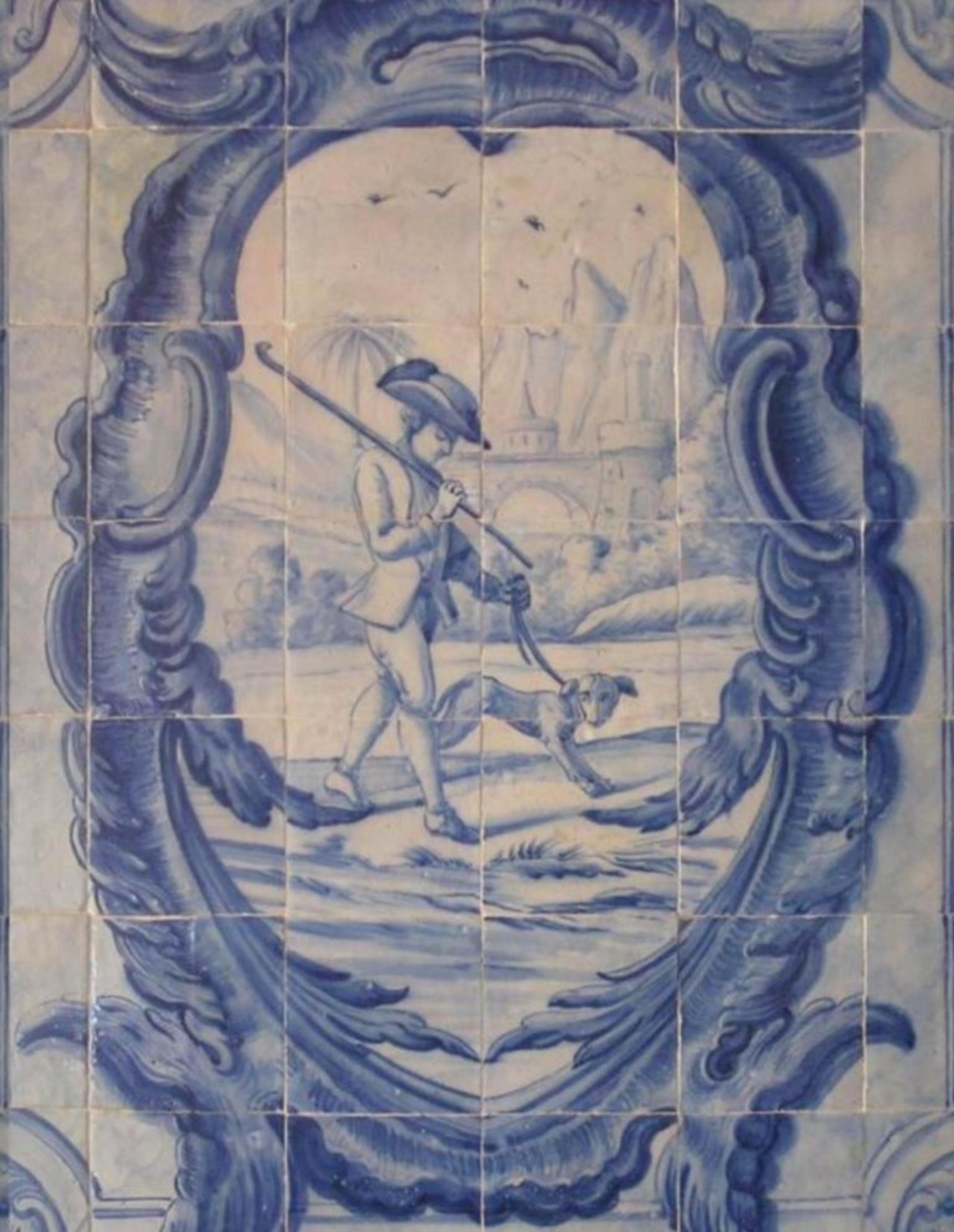 Fait main Panneau portugais du 18e siècle Azulejos « Scène de chasse » en vente