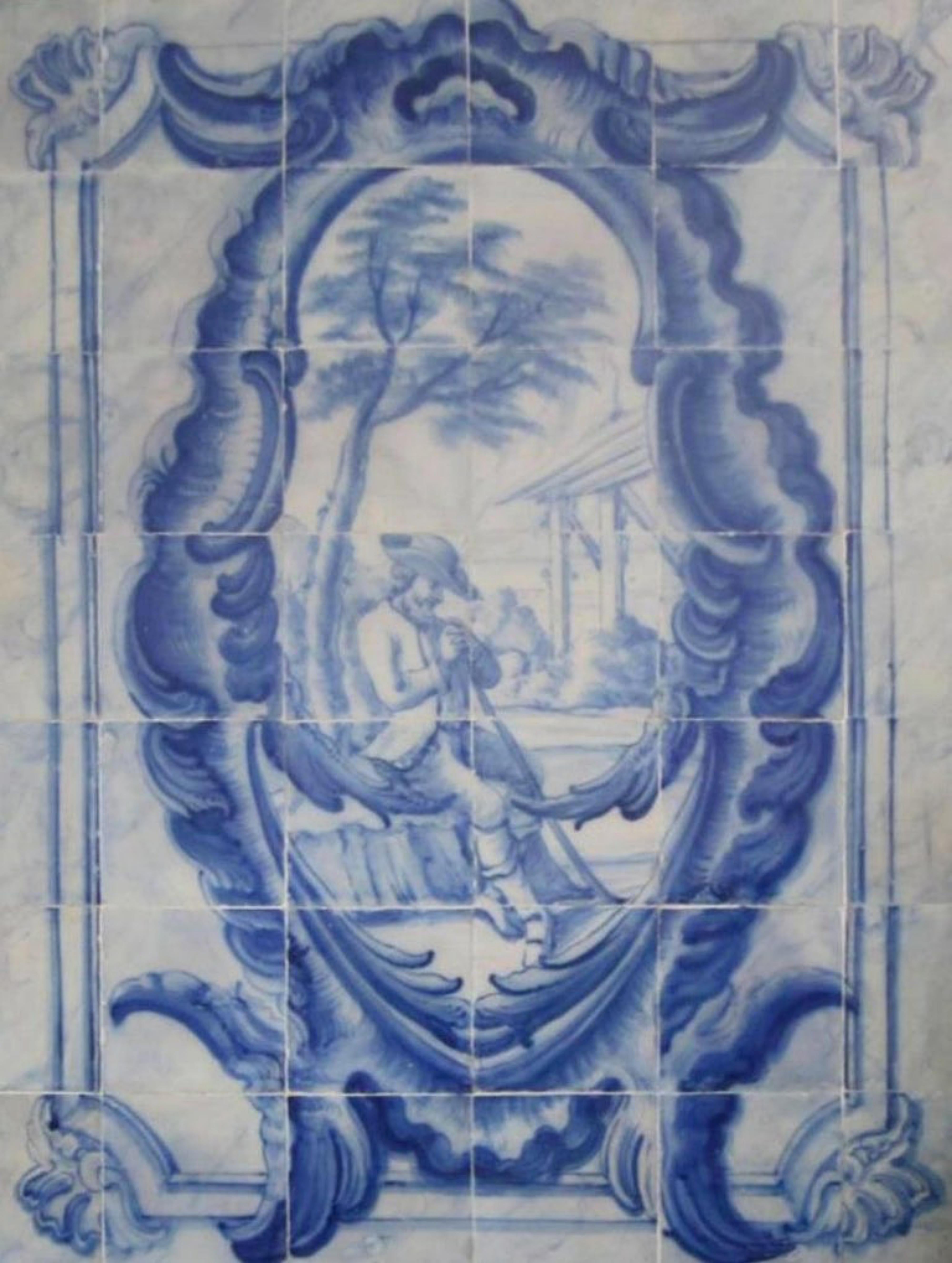 Fait main Panneau portugais du 18e siècle Azulejos « Scène de chasse » en vente