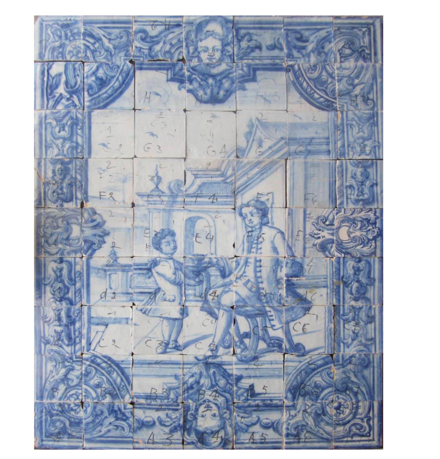 Fait main Panneau portugais du 18ème siècle « Azulejos » « Scène de la scène » en vente