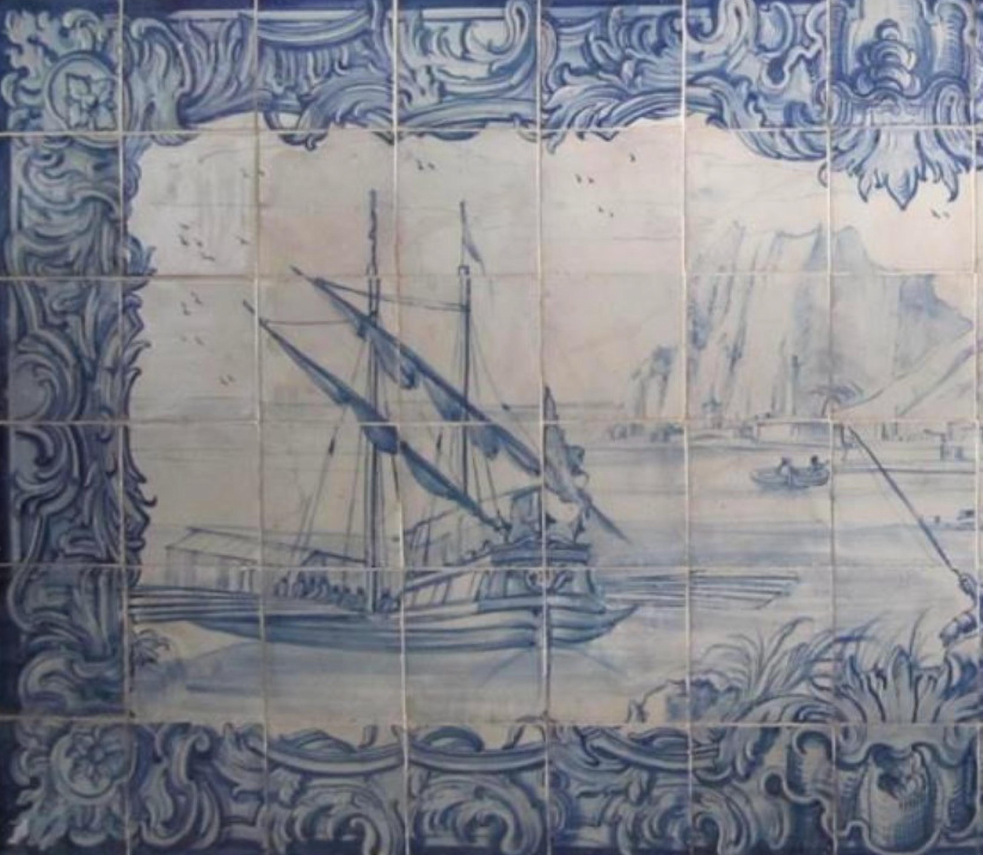 Portugiesische „“Azulejos“-Tafel aus dem 18. Jahrhundert mit „River-Szene“ (Handgefertigt) im Angebot