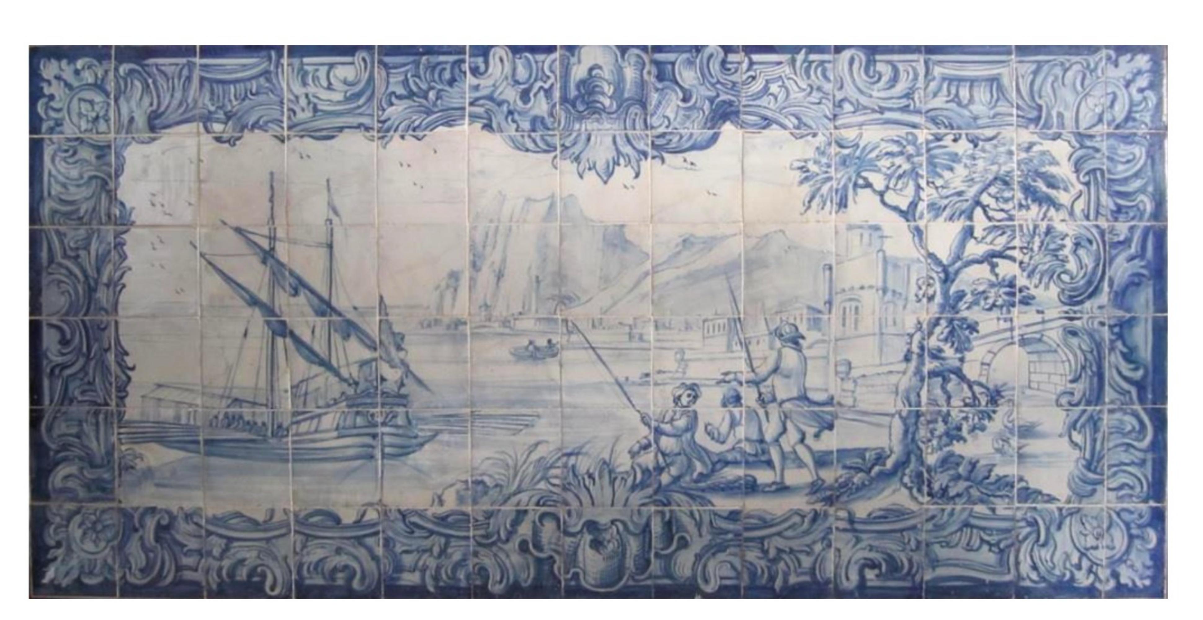 Portugiesische „“Azulejos“-Tafel aus dem 18. Jahrhundert mit „River-Szene“ im Zustand „Gut“ im Angebot in Madrid, ES